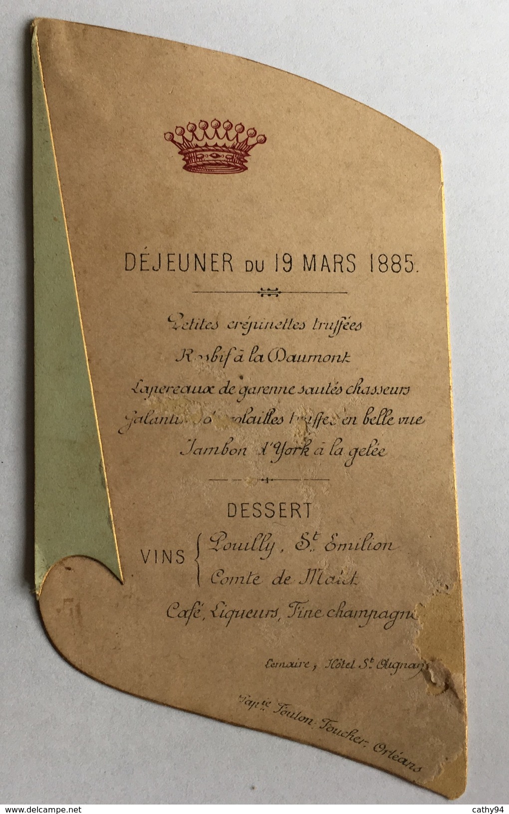 MENU Déjeuner Du 19 Mars 1885 - Menus