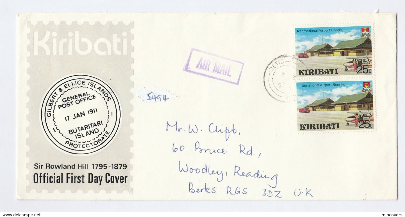 KIRIBATI COVER Stamps BONRIKI AIRPORT Aircraft To GB Aviation - Kiribati (1979-...)