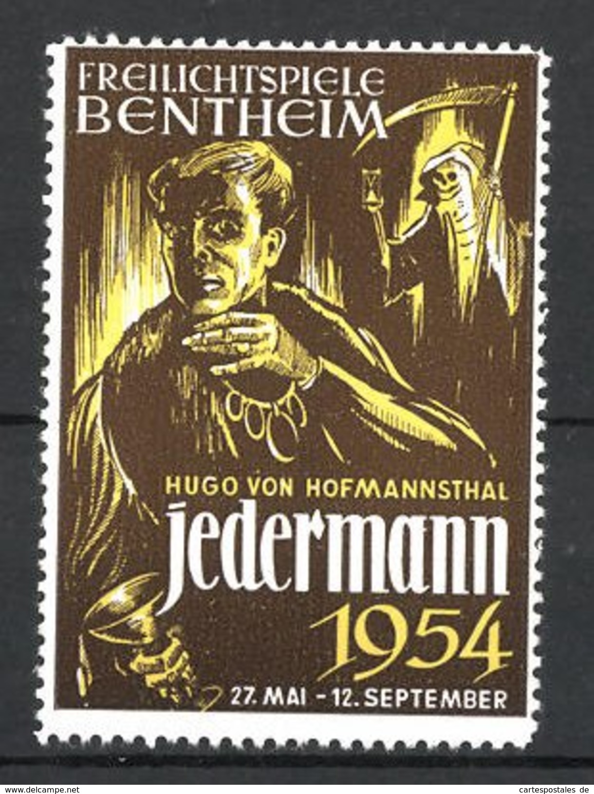 Vignette Publicitaire Bentheim, Freilichtspiele 1954, Jedermann Von Hugo Von Hofmannsthal, Der Tod Avec Sense & Sanduhr - Erinnophilie