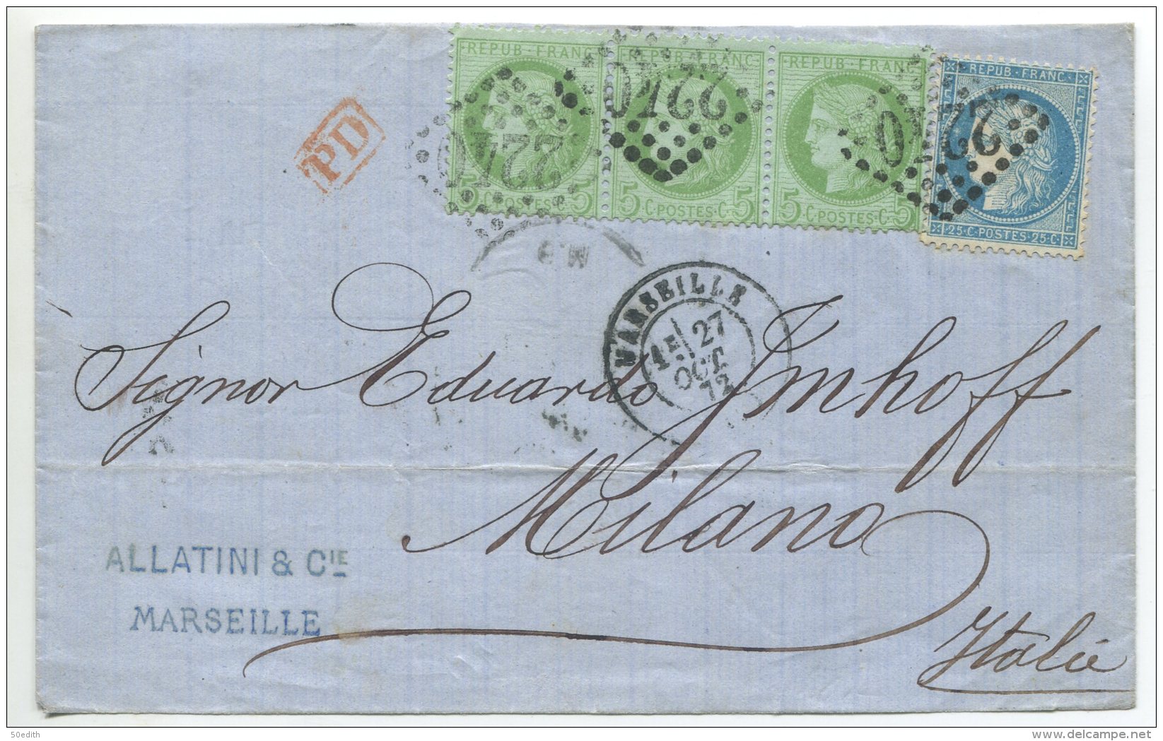 N°53  Bande De 3 + N°60 + GC 2240  /lettre Incomplète De Marseille Pour Milan (Italie) - 1871-1875 Ceres