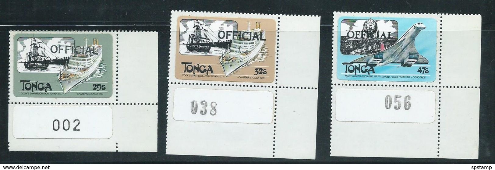 Tonga 1983 Sea & Air Transport Official Overprint Self Adhesive Set Of 3 Marginal  MNH - Tonga (1970-...)