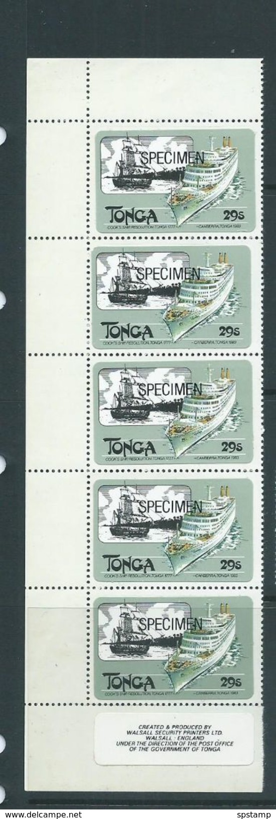 Tonga 1983 Sea & Air Transport 29s Ship Imprint Strip Of 5 MNH Specimen O/P - Tonga (1970-...)