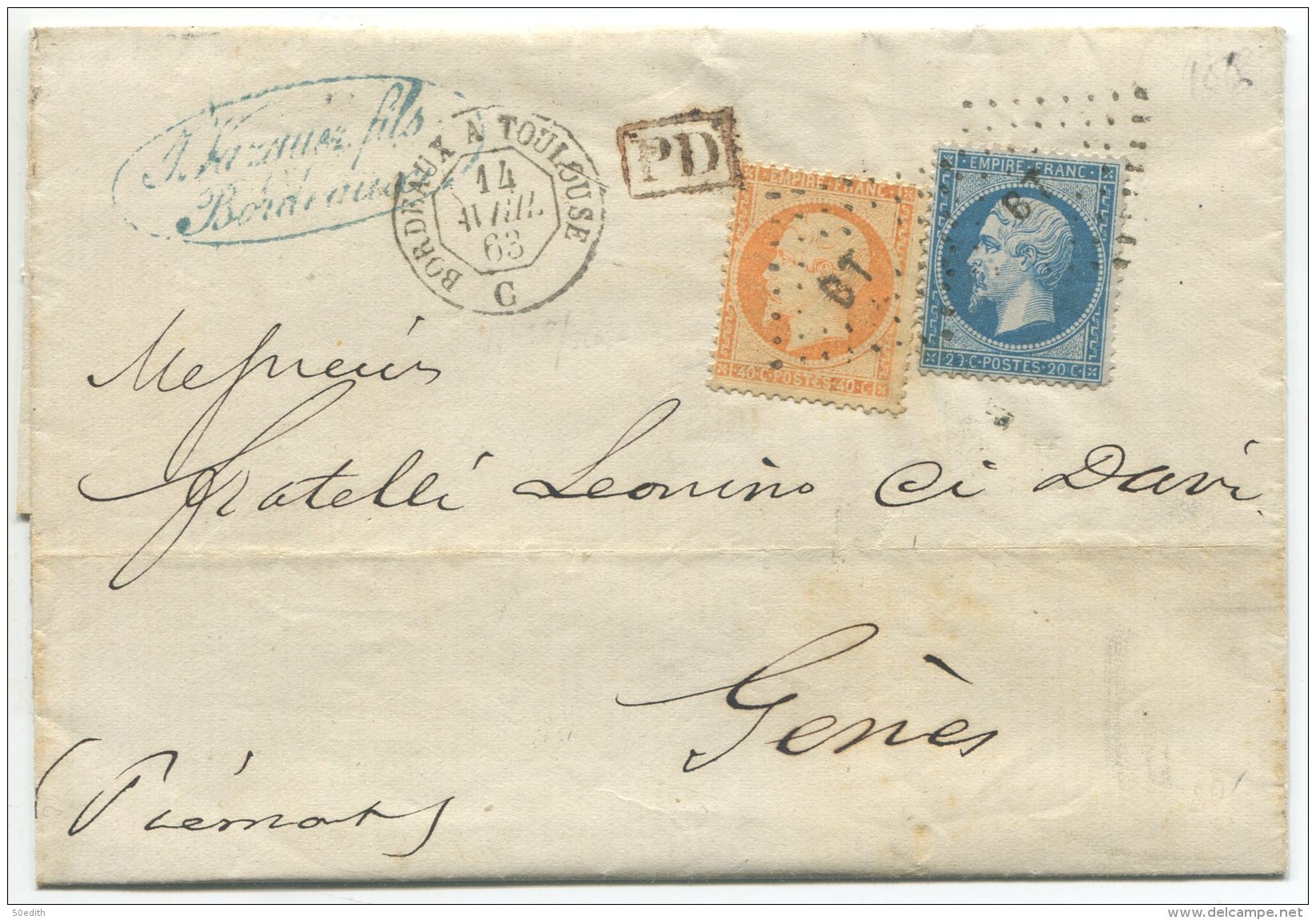 N°22+23  + Losange BT + Ambulant De Jour Bordeaux à Toulouse  / Lettre 3° échelon Pour Gènes (Piémont) (Italie) - 1862 Napoléon III