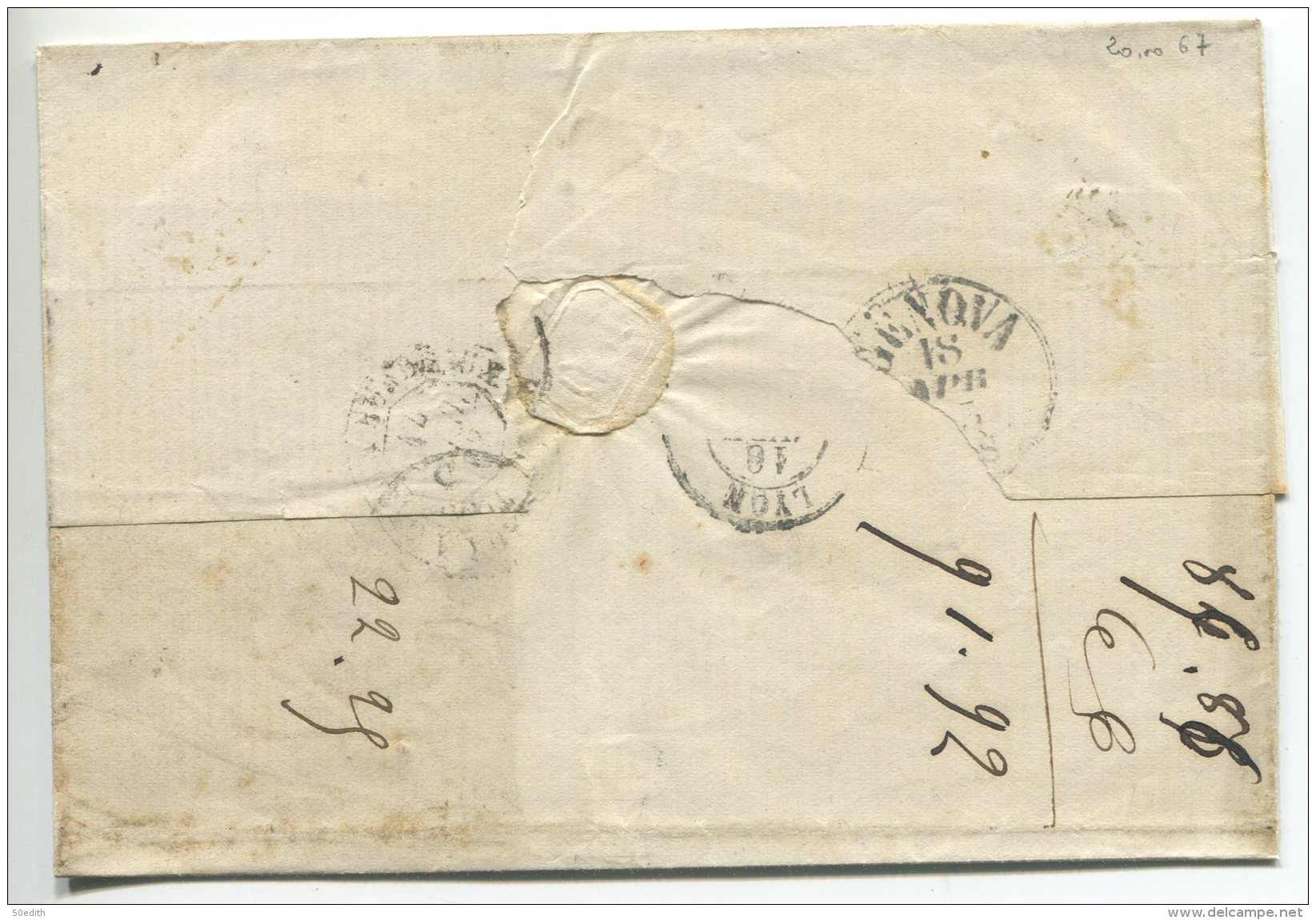 N°22+23  + Losange BT + Ambulant De Jour Bordeaux à Toulouse  / Lettre 3° échelon Pour Gènes (Piémont) (Italie) - 1862 Napoléon III