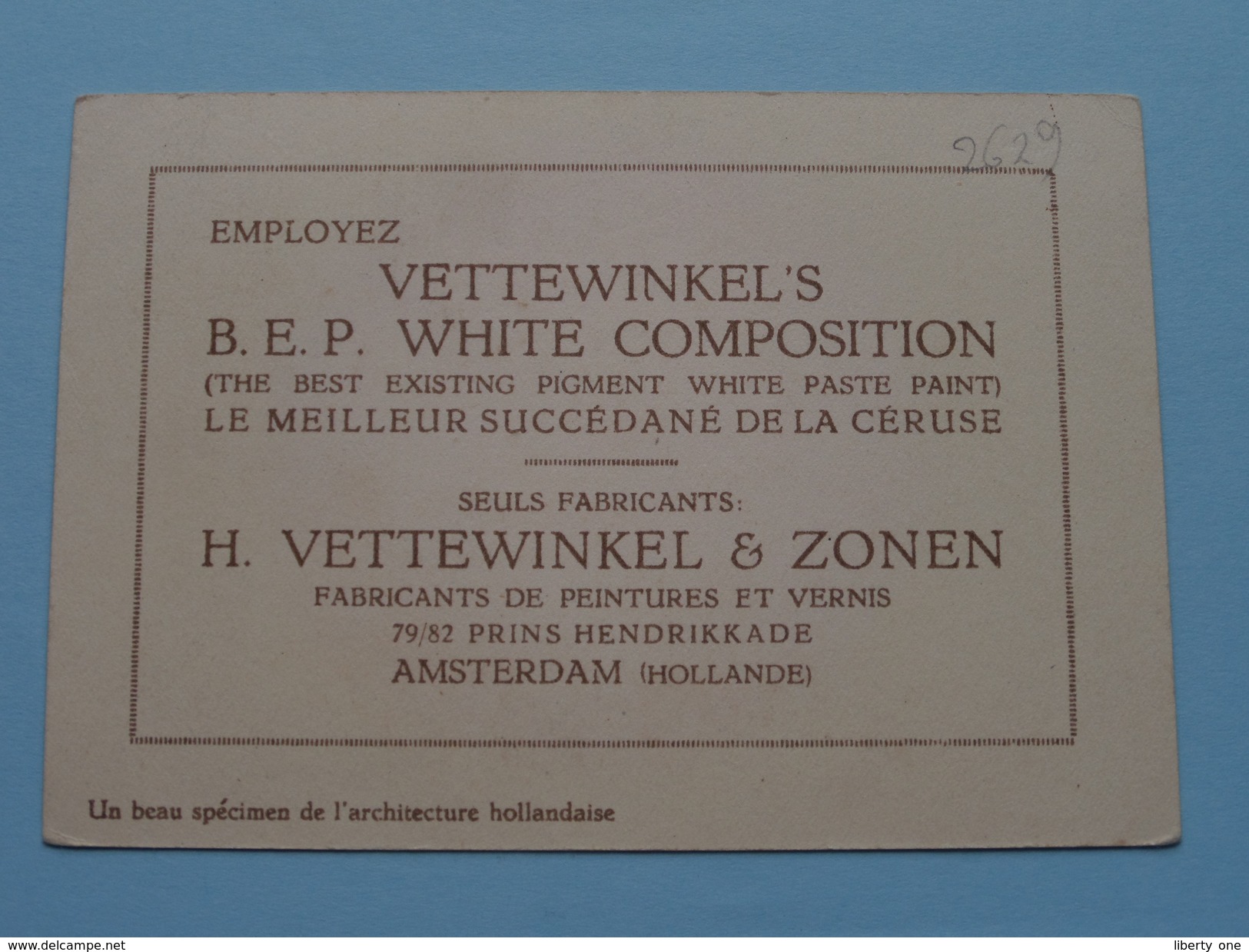 VETTEWINKEL'S B.E.P. WHITE COMPOSITION - H. VETTEWINKEL & Zonen AMSTERDAM Hollande ( Zie Foto´s Voor Detail ) ! - Tarjetas De Visita