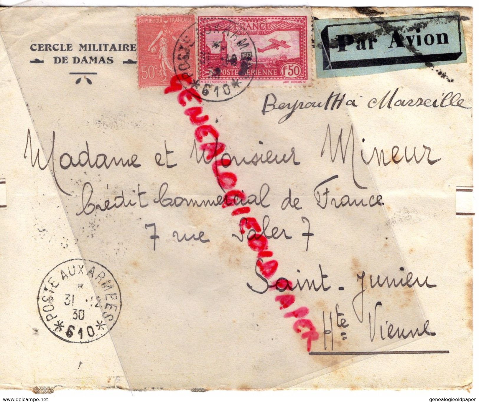 87-SAINT JUNIEN- SYRIE-CERCLE MILITAIRE DAMAS- PAR AVION BEYROUTH A MARSEILLE-M. MINEUR CREDIT COMMERCIAL DE FRANCE-1930 - Syrie