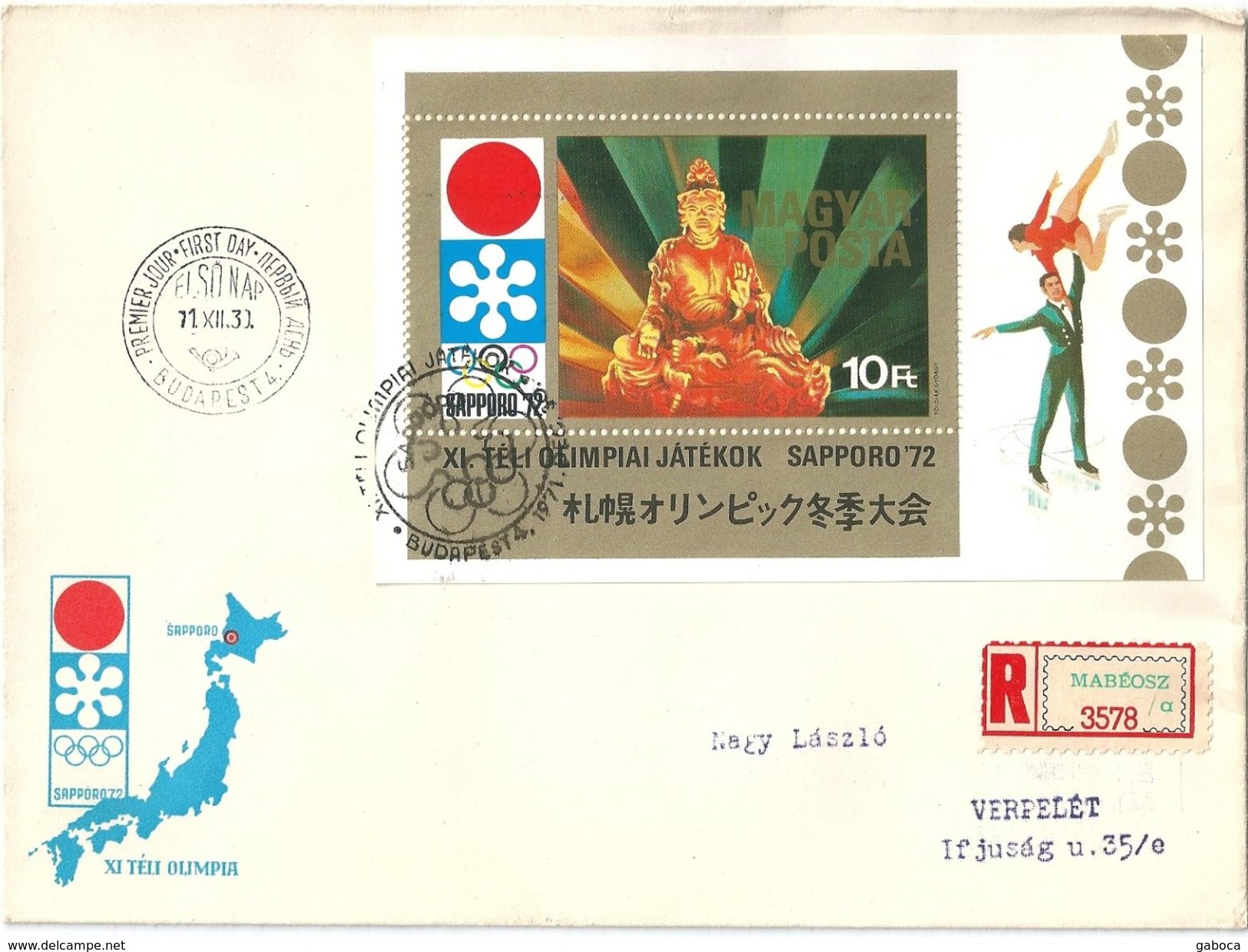 5864 Hungary FDC Winter Olympic Sapporo Japan Art Sculpture Religion S/S 1972 Registered - Winter 1972: Sapporo