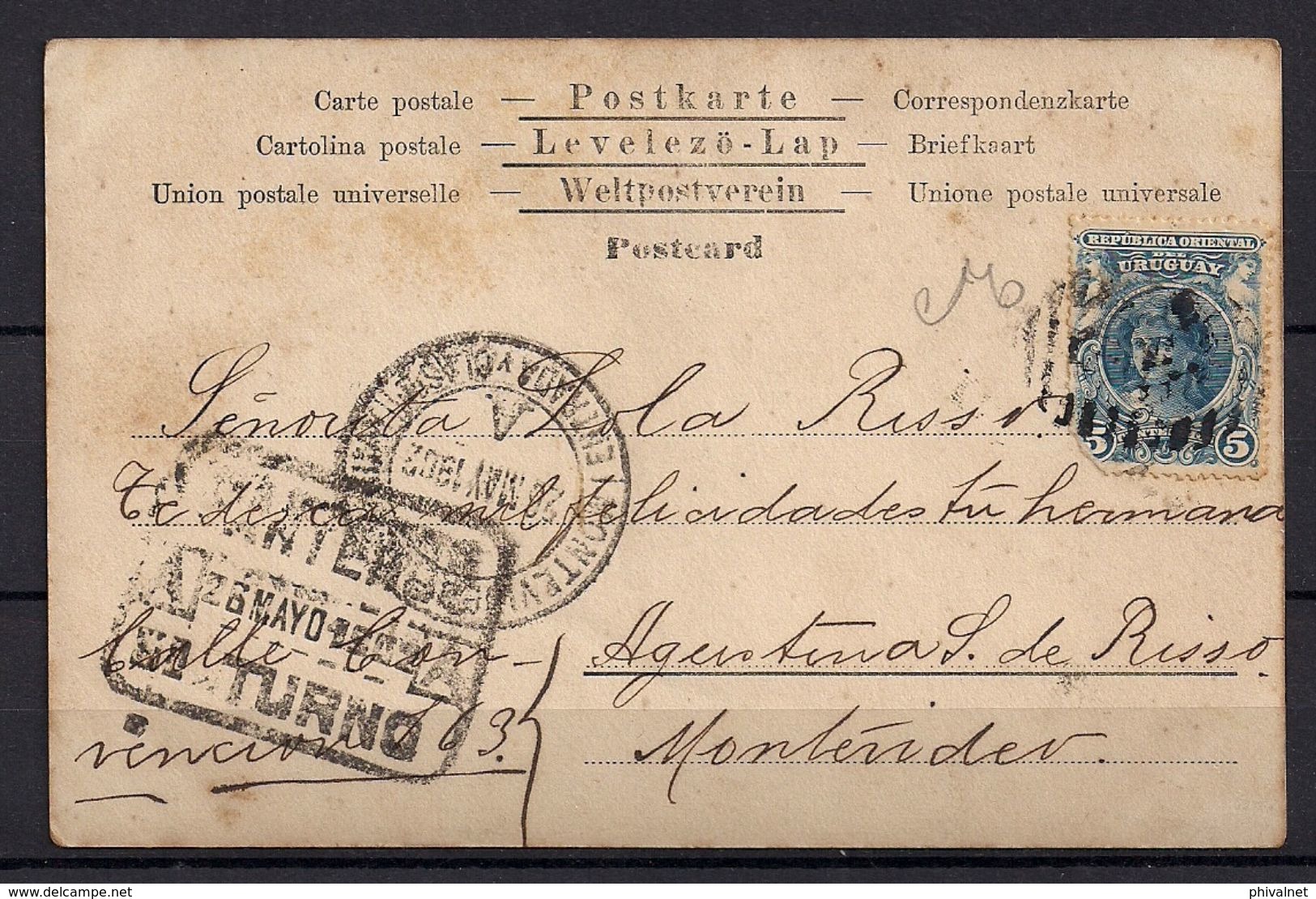 1902 , URUGUAY , TARJETA POSTAL CIRCULADA , LLEGADA , MARCA DE TURNO DE CARTERO - MONTEVIDEO - Uruguay