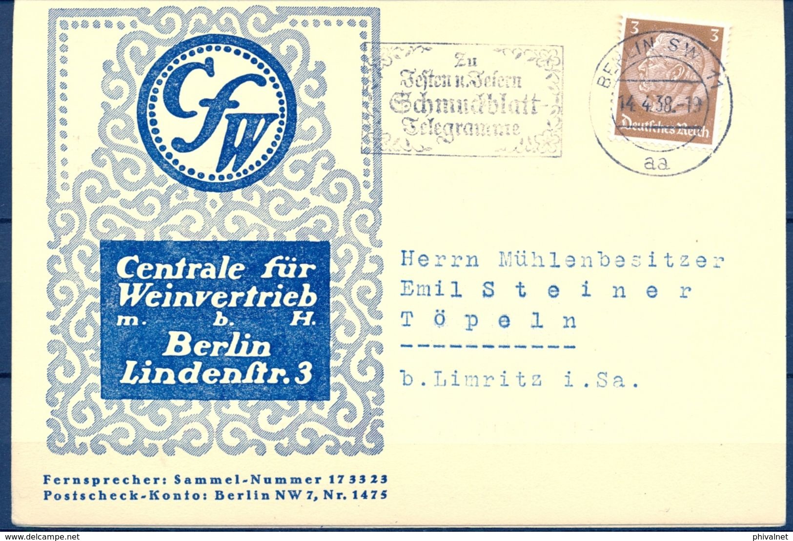 1938 , ALEMANIA , POSTAL PUBLICITARIA TEMA VINO , WINE , BEBIDAS , CENTRALE FÜR WEINVERTRIEB - Viñedos