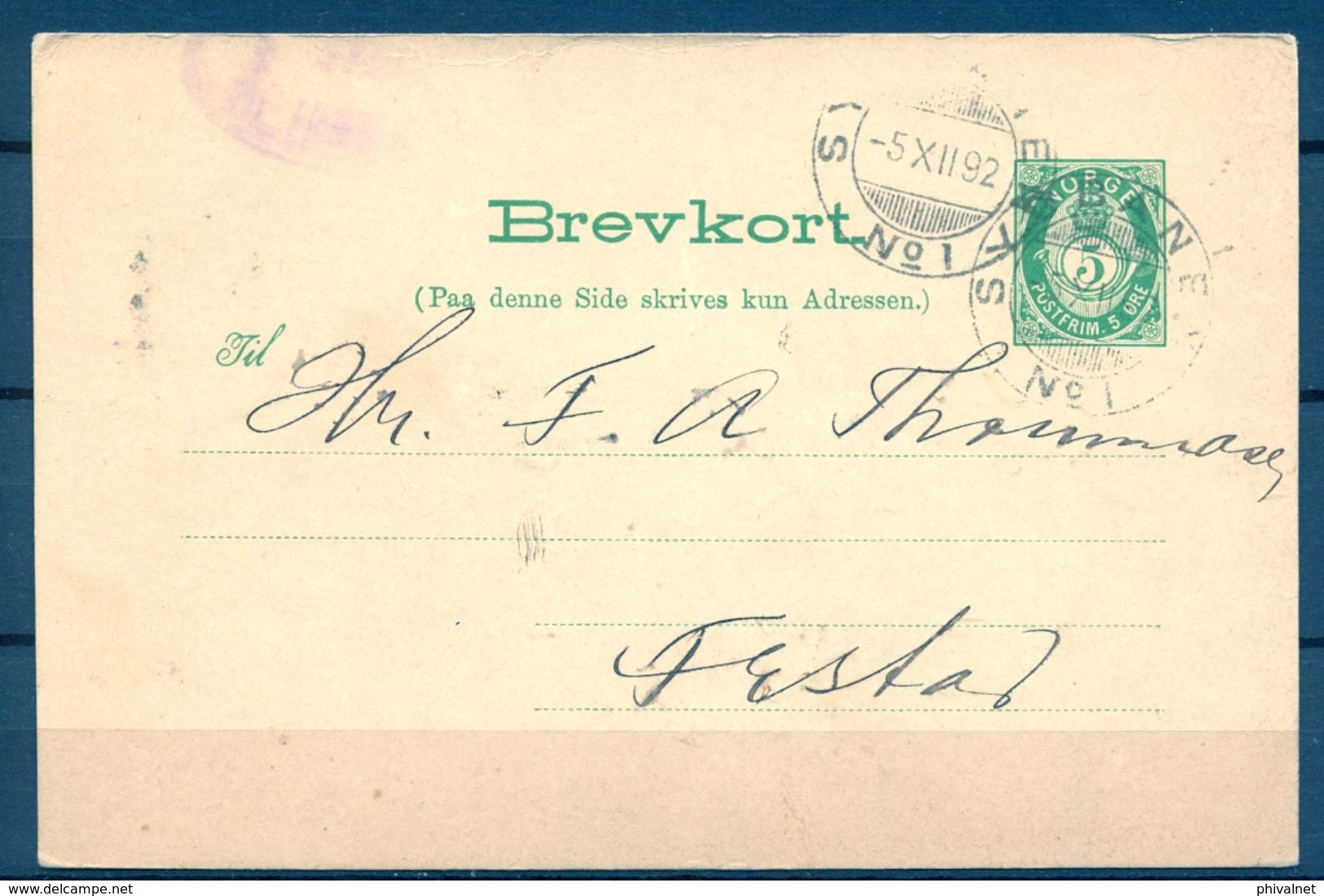 1892 , NORUEGA , ENTERO POSTAL CIRCULADO ENTRE SYDBANEN Y FREDRIKSTAD - Brieven En Documenten