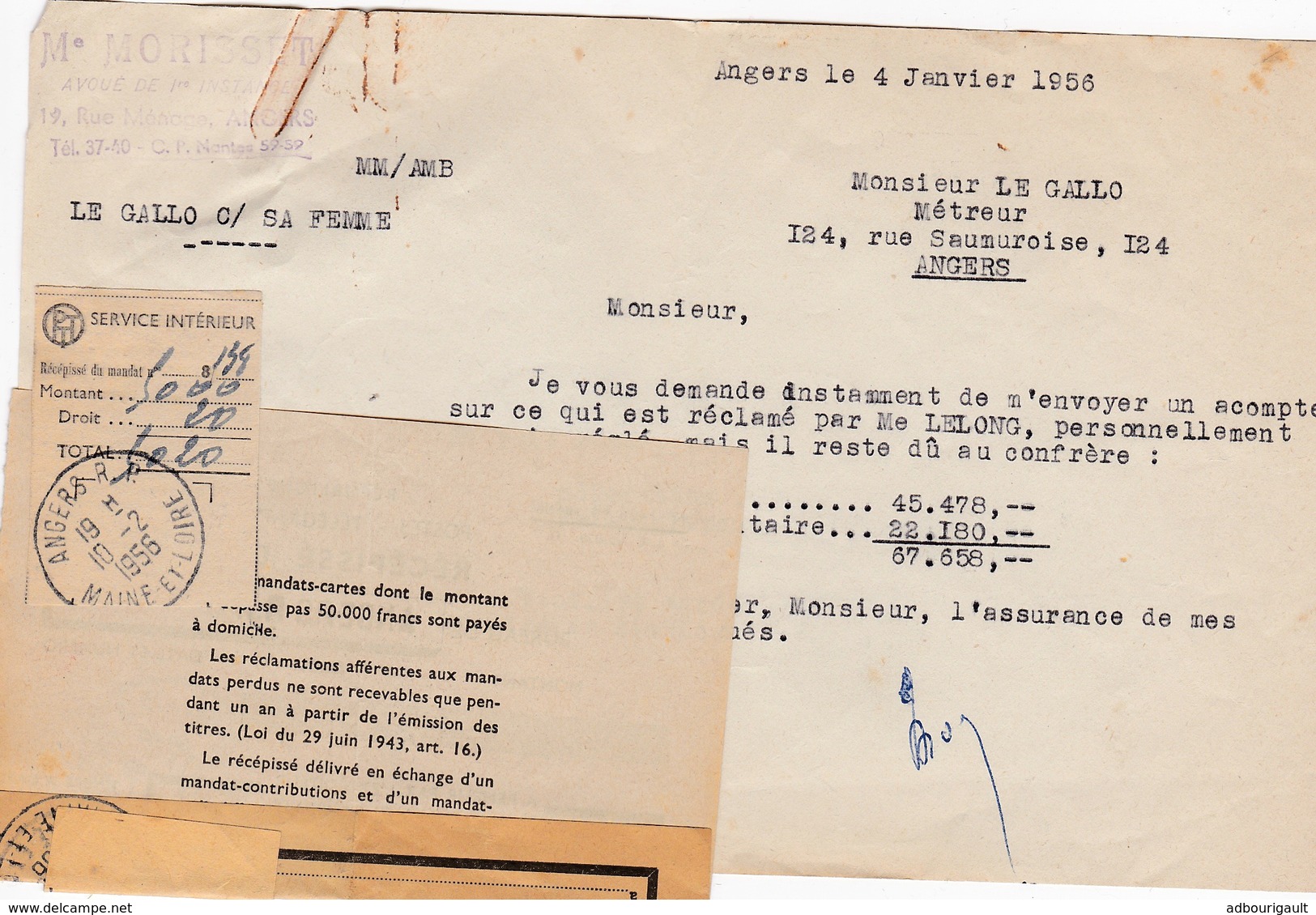 Cachet Angers Rp Sur Documents Mandat Argent Accompte Notaire 1956 - Seals Of Generality