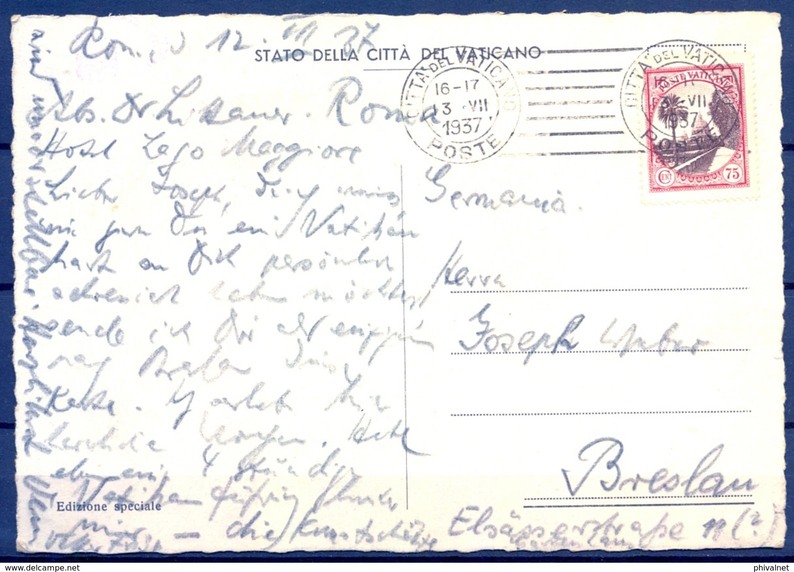 1937 , VATICANO , TARJETA  POSTAL CIRCULADA A BRESLAU , LA ESCUELA DE ATENAS DE RAFAEL - Vaticano (Ciudad Del)