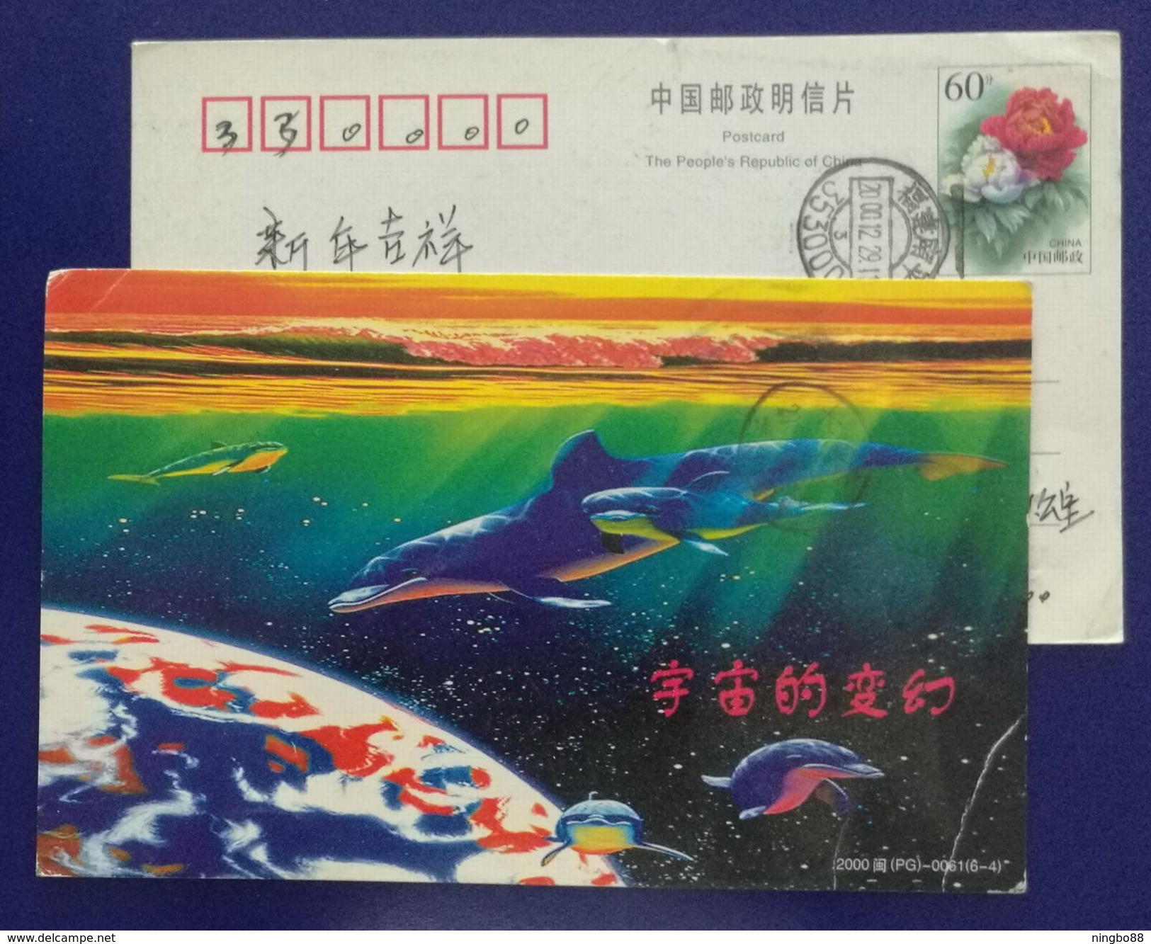Dolphin,shark,blue Planet,China 2000 Fujian Post Transformation Of The Universe Pre-stamped Card - Dauphins