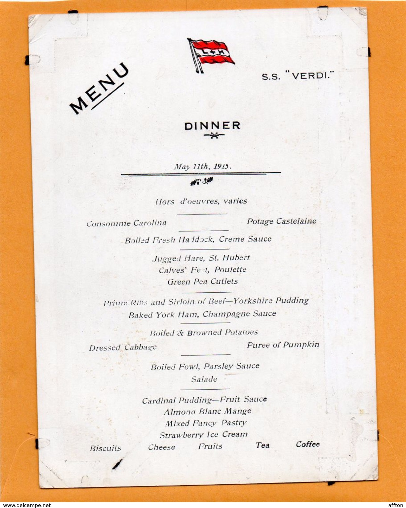 SS Verdi Santos Brazil 1915 Menu - Paquebots