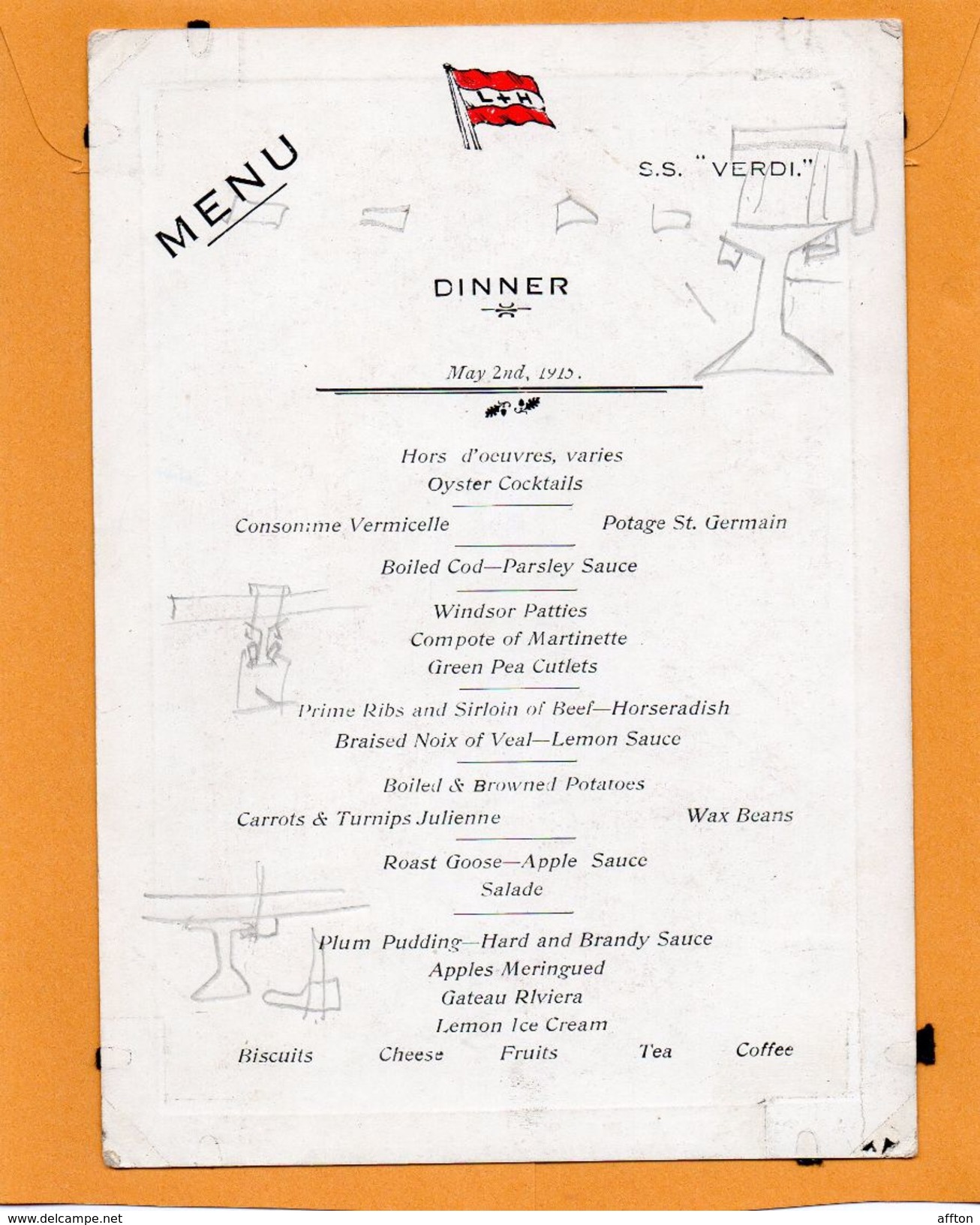 SS Verdi Santos Brazil 1915 Menu - Paquebots