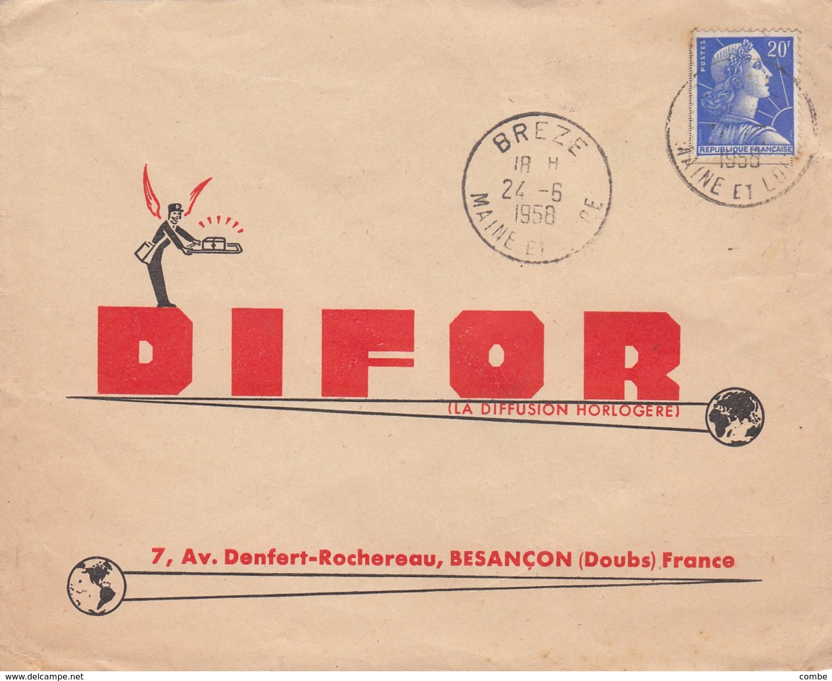 BREZE MAINE-ET-LOIRE  . OBLITERATION RONDE SUR LETTRE PUBLICITE.  MARIANNE DE MULLER 20F  /  4 - 1961-....