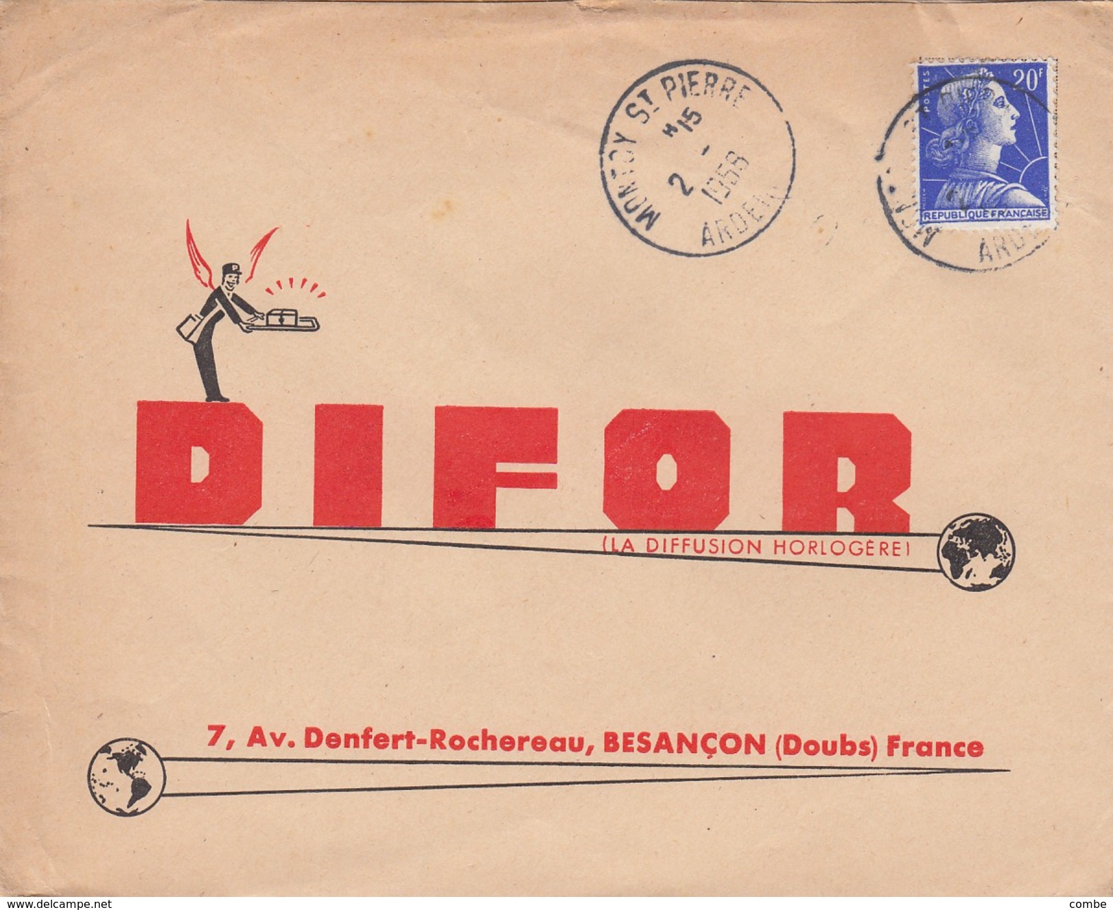 MONTCY-ST-PIERRE ARDENNES   . OBLITERATION RONDE SUR LETTRE PUBLICITE.  MARIANNE DE MULLER 20F  /  4 - 1961-....