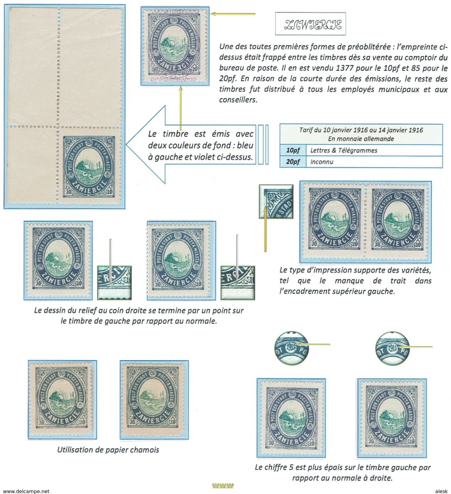 ZAWIERCIE Poste Locale Feuille D'expo Michel N° 1 Avec Variétés Et Types - 6 Timbres Expertisés - Unused Stamps