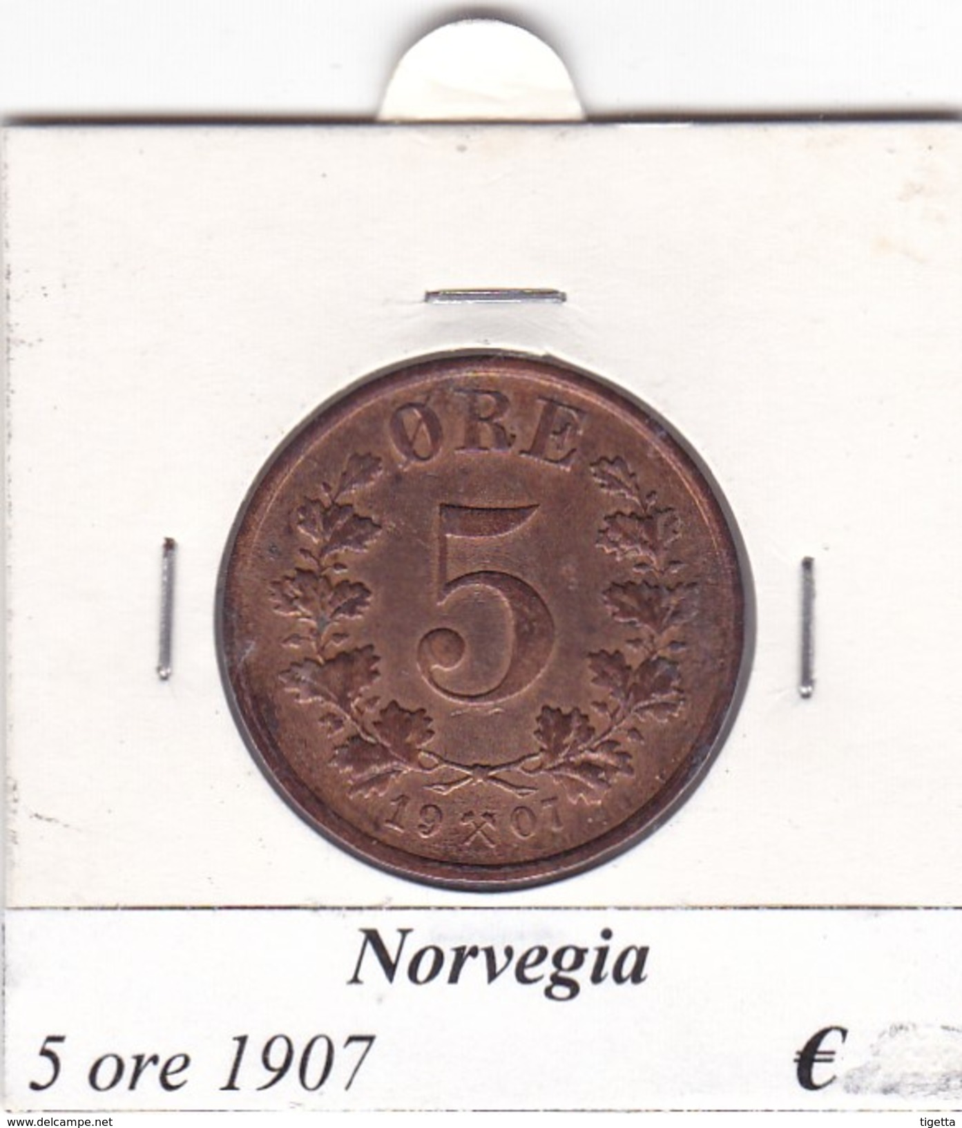 NORVEGIA   5 ORE   ANNO 1907  COME DA FOTO - Norvegia