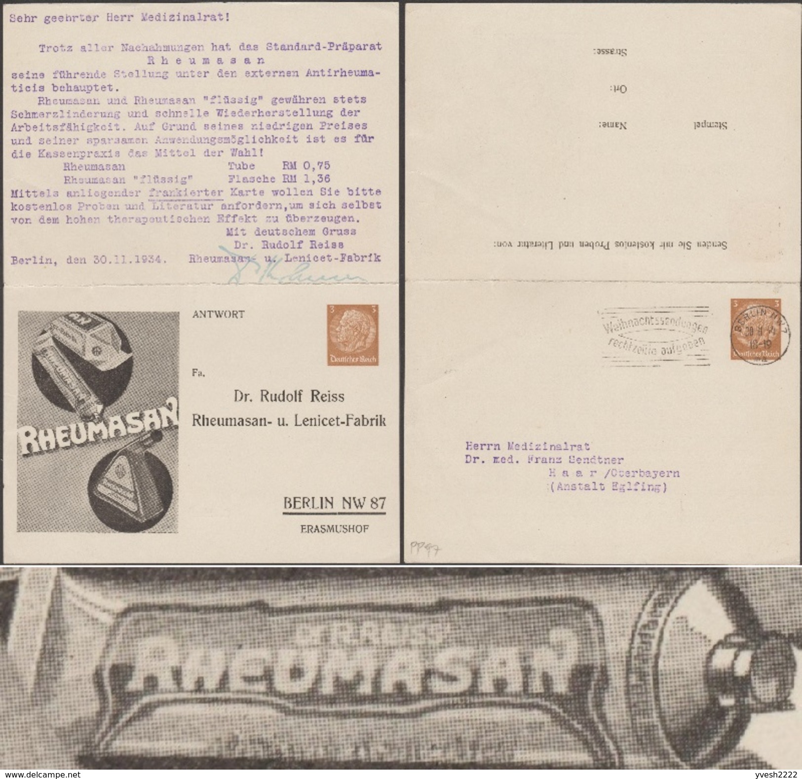 Allemagne 1934. Entier Postal D'un Laboratoire Pharmaceutique Adressé à Un Médecin. Rhumatisme, Bouteille, Pommade - Pharmacy