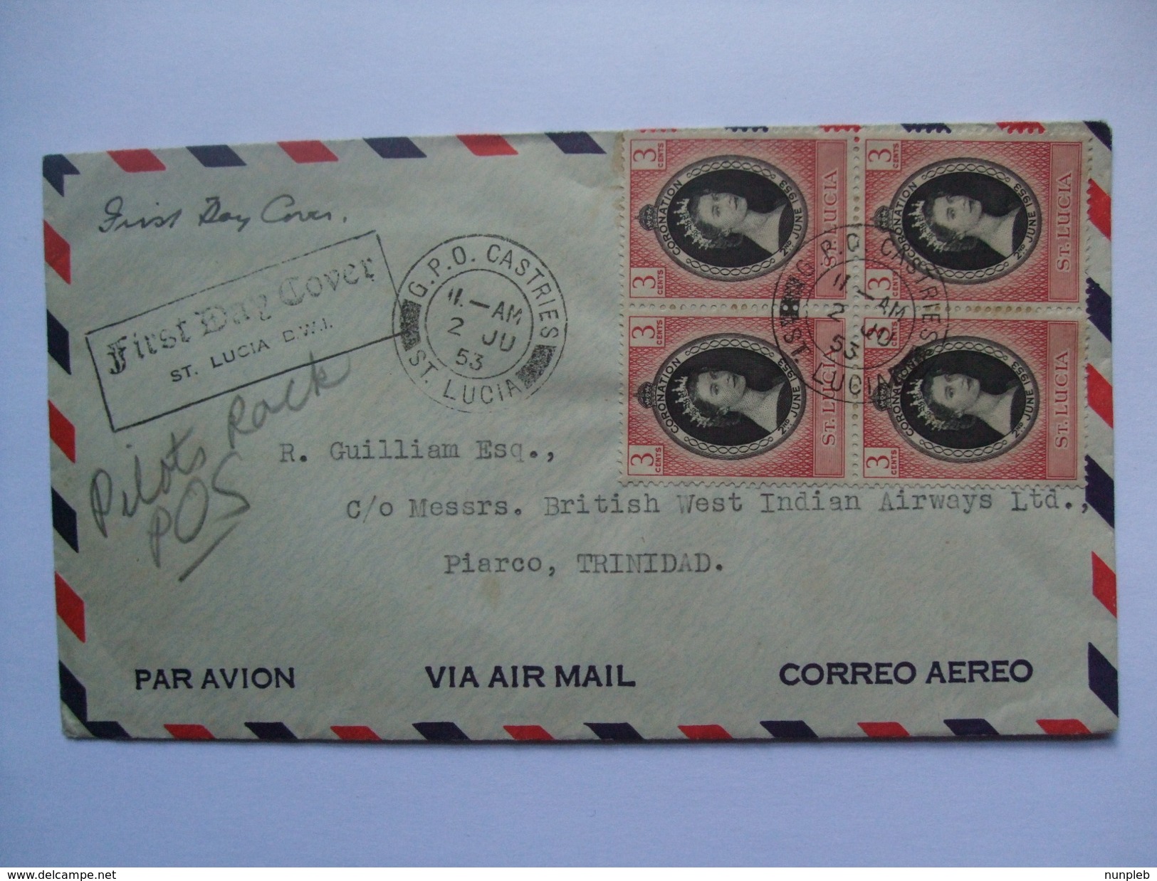 SAINT LUCIA - Air Mail FDC Castries To Piarco Trinidad - 1953 Coronation - St.Lucia (...-1978)