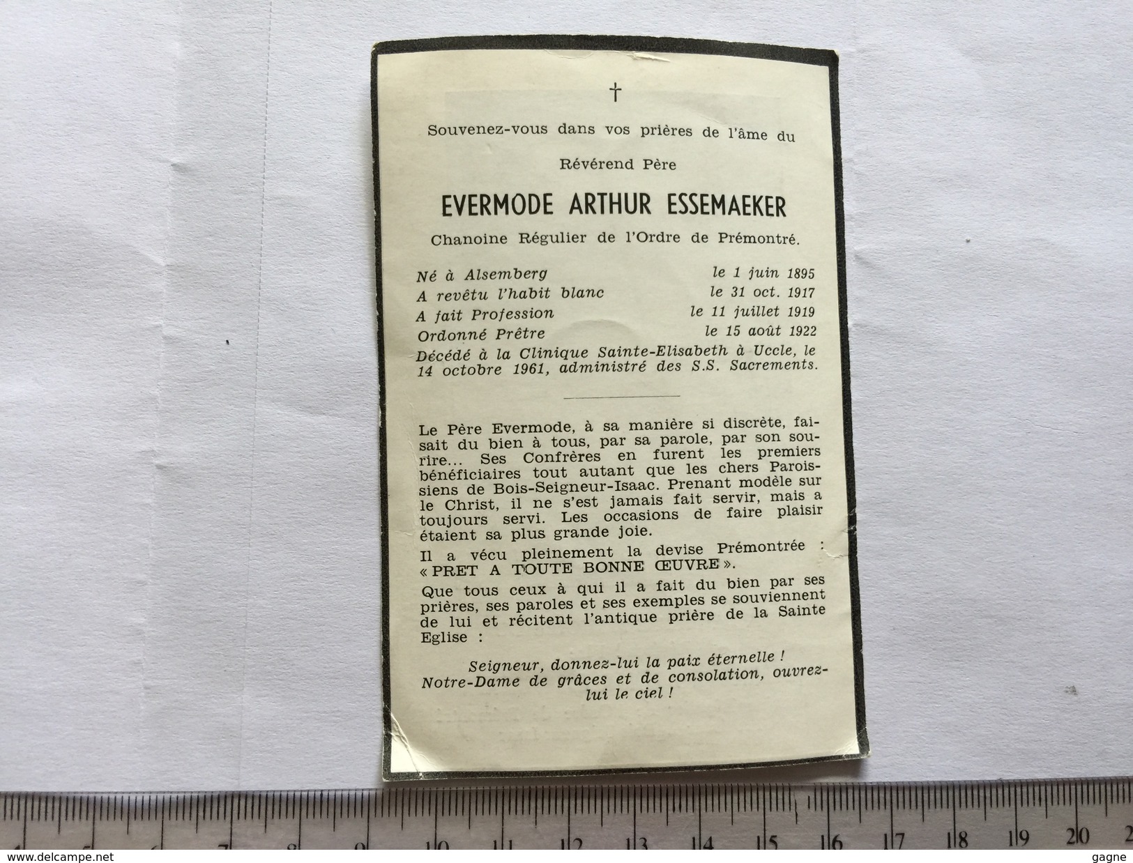 17W -  Evermode Arthur Essemaeker Chanoine Ordre Prémontré Né Alsemberg DVD Uccle 1961 - Obituary Notices