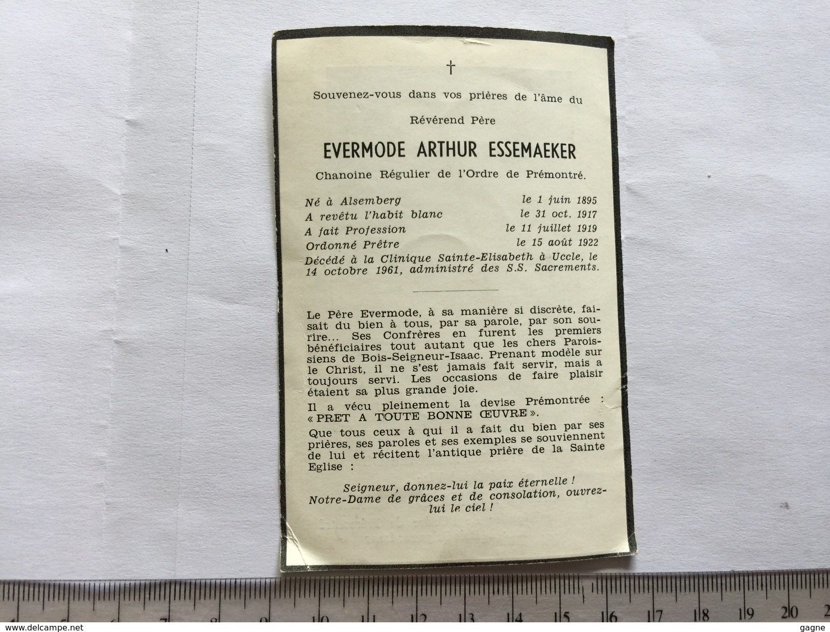 17W -  Evermode Arthur Essemaeker Chanoine Ordre Prémontré Né Alsemberg DVD Uccle 1961 - Décès