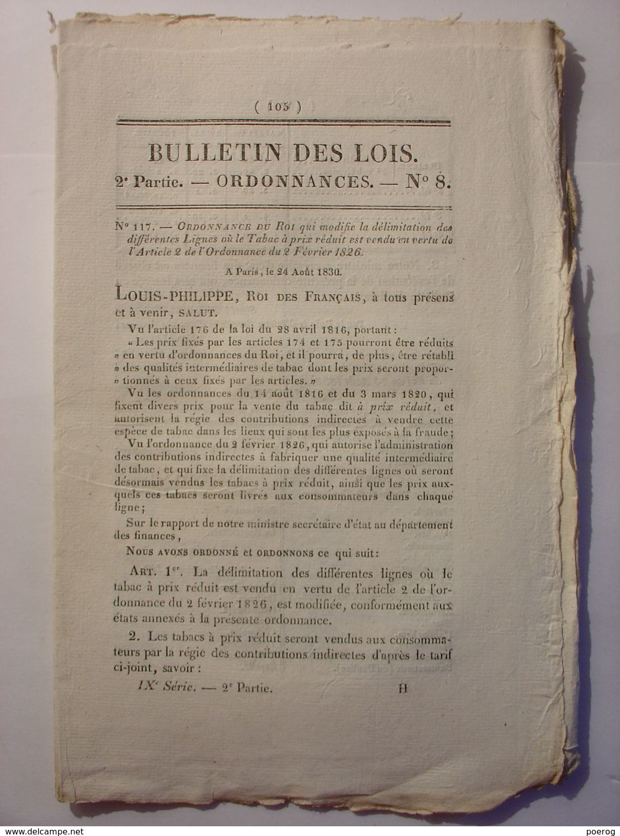 BULLETIN DES LOIS N°8 Du 15 SEPTEMBRE 1830 - DELIMITATION DES LIGNES OU LE TABAC A PRIX REDUIT EST VENDU - Decretos & Leyes