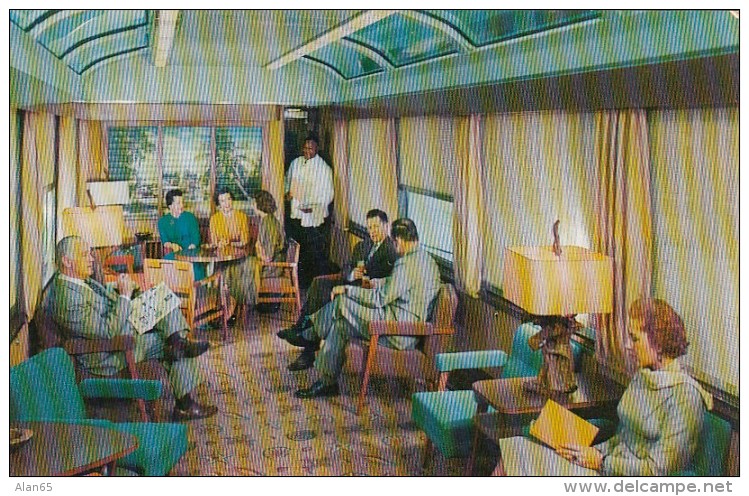 Silver Meteor Train New York-Florida, Interior View Of Sun Lounge Woman Reads Book Black Waiter, C1950s Vintage Postcard - Trains