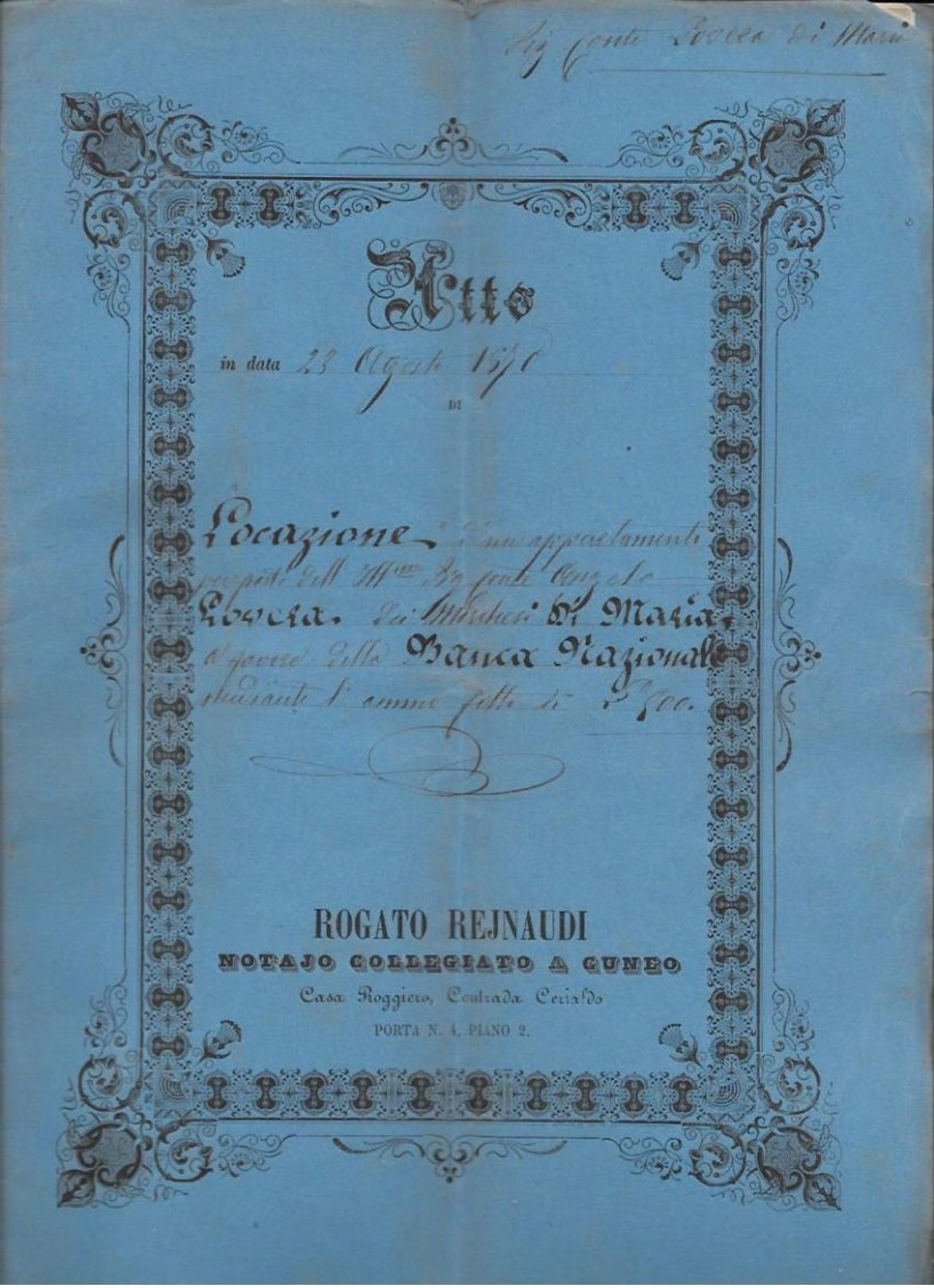 1870 - Locazione Appartamento - Notaio Rogato Rejnaudi - Cuneo- 11 Pagine - - Italia