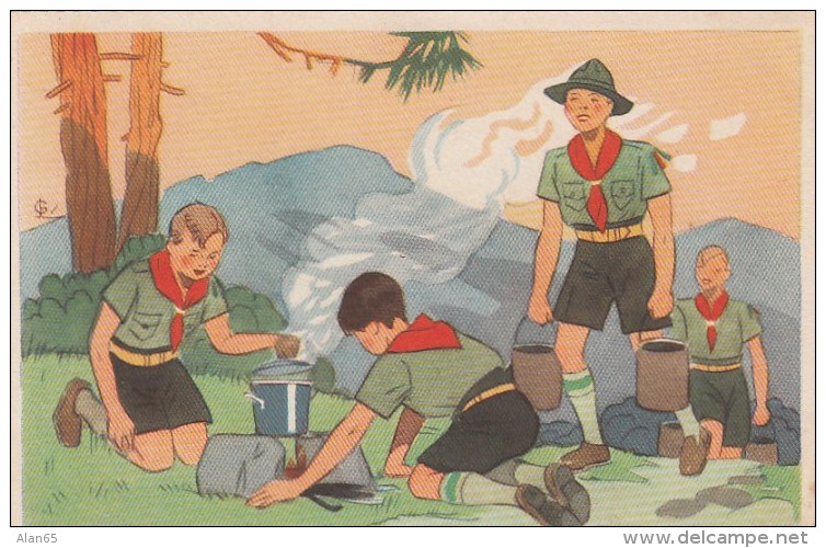 Boy Scout Camping Cooking Over Fire, French Artist Image On C1940s/50s Vintage Postcard - Scouting