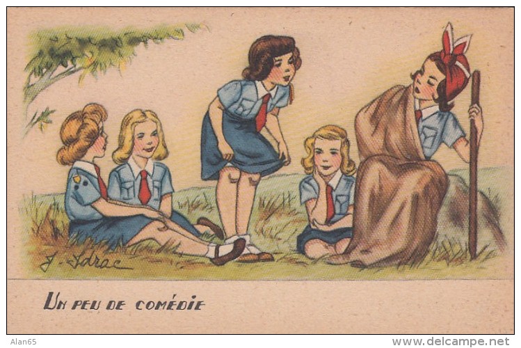 Girl Scouting Group 'Un Peu De Comedie' Play Acting, Artist Image, C1940s/50s Vintage Postcard - Scouting