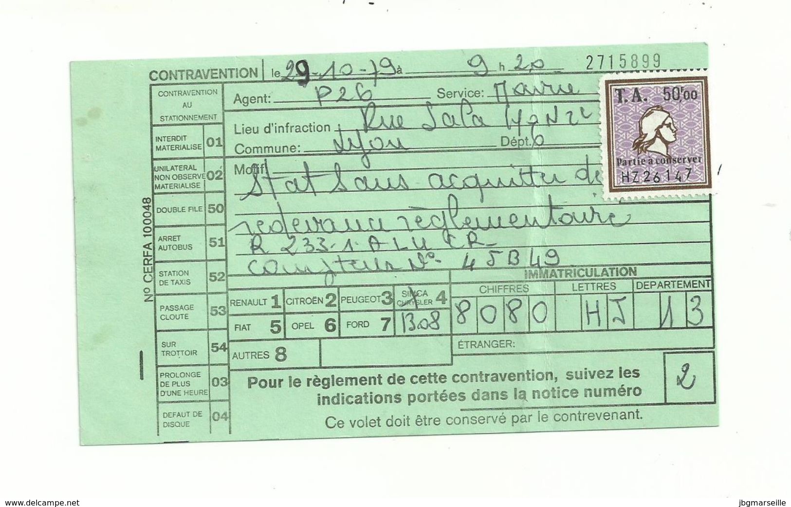 1 Contravention..avec Timbre Amende à 50.00fr....(partie à Conserver)........ à Voir..... - Sonstige & Ohne Zuordnung