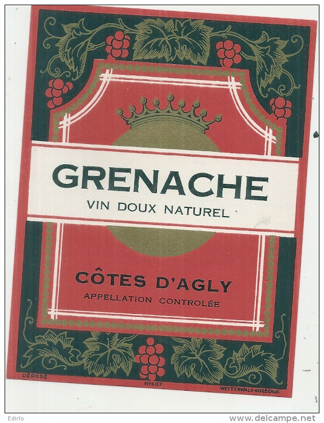 étiquette - GRNACHE  Côtes D'Agly Appellation Contrôlée - Rouges