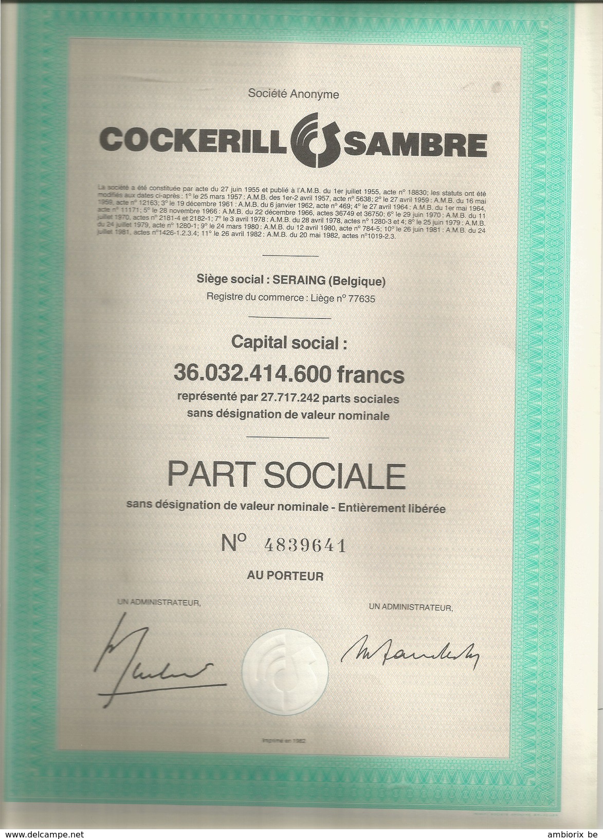 Société Anonyme Cockerill Sambre - Part Sociale - Industrie