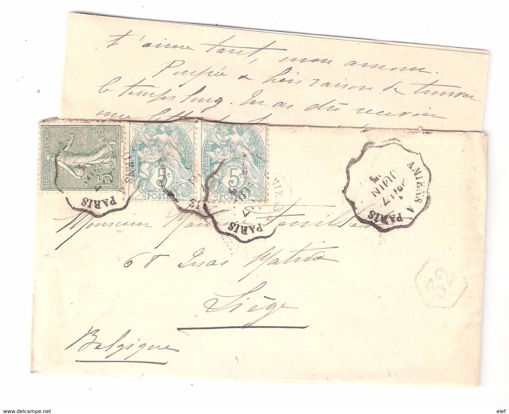 Lettre PAIRE 5 C Type BLANC N° 111 + Semeuse  15 C Vert N° 130 Obl Cachet Convoyeur AMIENS PARIS 1905 > Liège Belgique - Tarifs Postaux