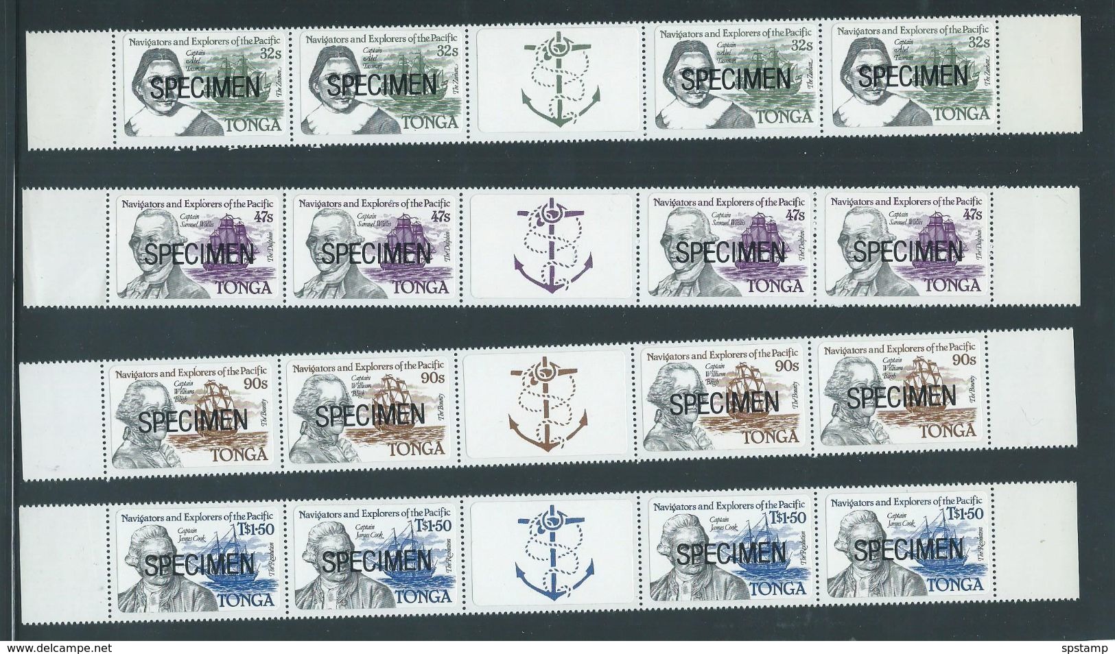 Tonga 1984 Explorers & Ship Set Of 4 X 4 As Gutter Strips With Labels MNH Specimen O/P - Tonga (1970-...)