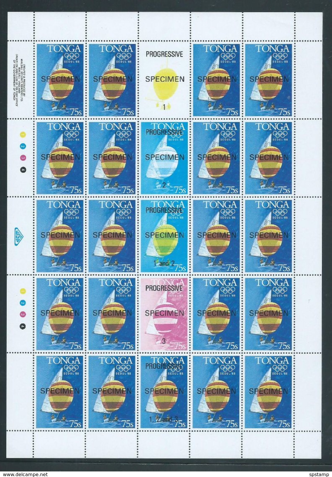 Tonga 1988 Seoul Olympic 75s Yacht X 20 In Full Sheet With Gutter Labels & Margins MNH Specimen O/P - Tonga (1970-...)