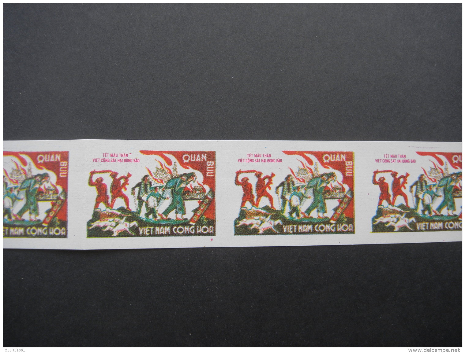 SOUTH: 1969  MILITARY FRANK DEFEAT OF TET OFFENSIVE Red &amp; Green Imperf. STRIP OF 4. Very Fine &amp; RARE. SG SMF 330 - Vietnam
