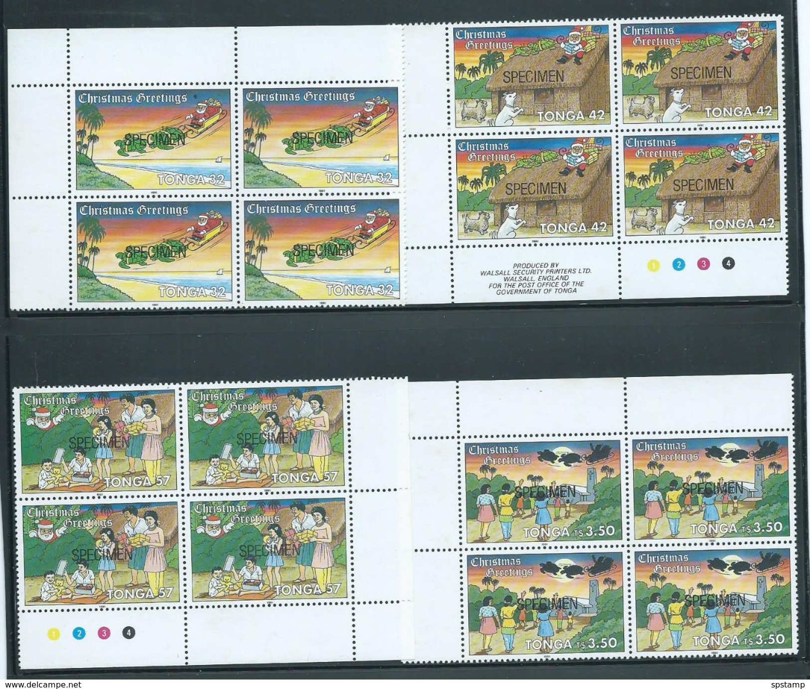 Tonga 1991 Christmas Set Of 4 X 4 In Blocks MNH Specimen Overprints - Tonga (1970-...)