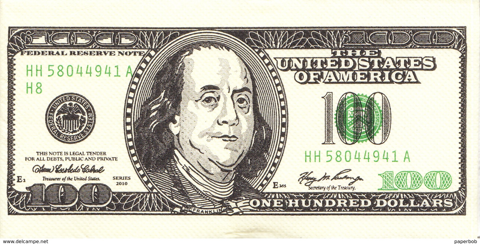 NAPKIN,HANDKERCHIEF, 100 US DOLLAR - Paper Napkins (decorated)