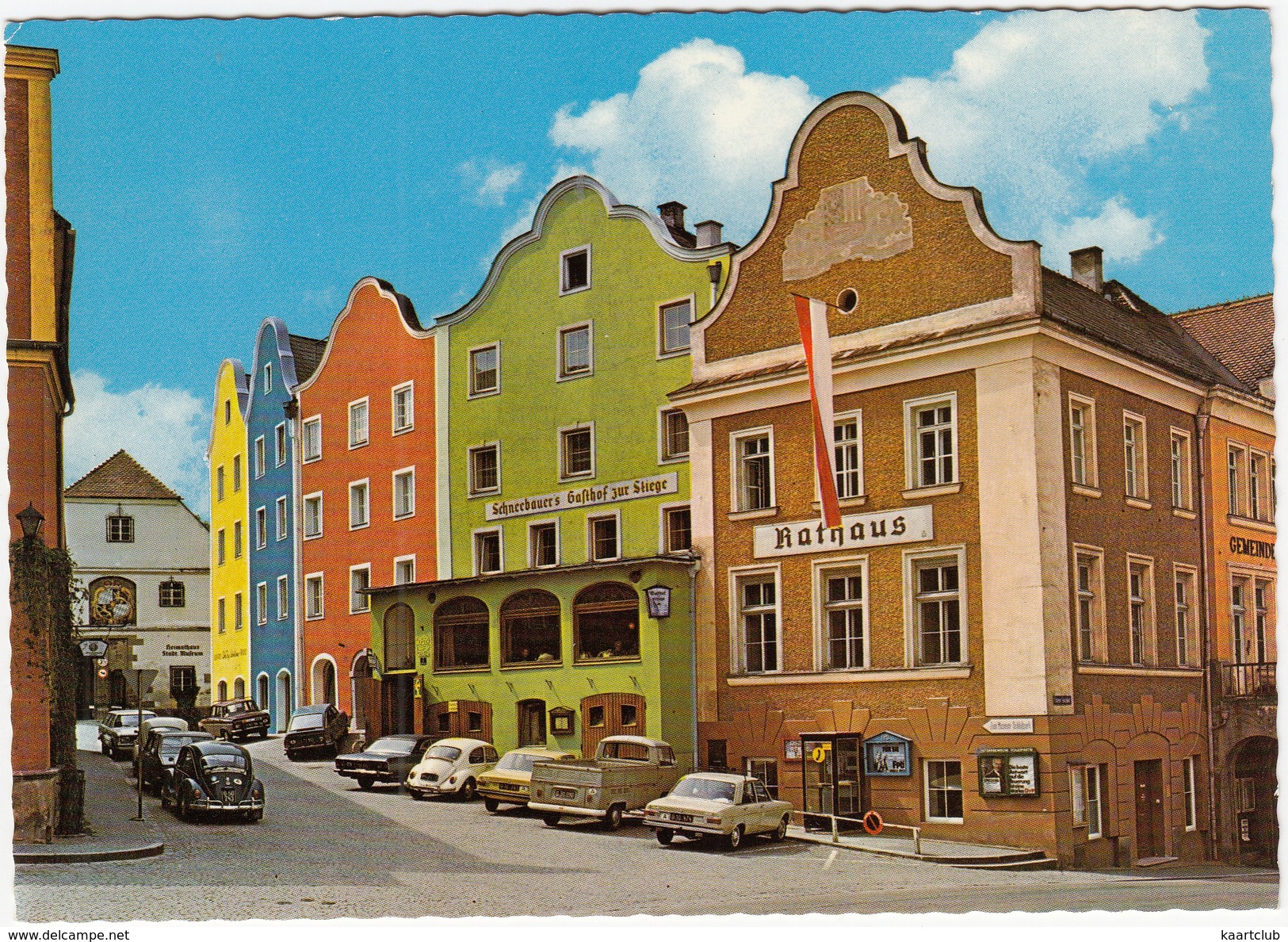 Schärding Am Inn: AUDI 100, VW PICKUP & 1200 KÄFER/COX, OPEL REKORD-B, CITROËN GS, RENAULT 12 & 10 - Rathaus - (O.Ö.) - Voitures De Tourisme