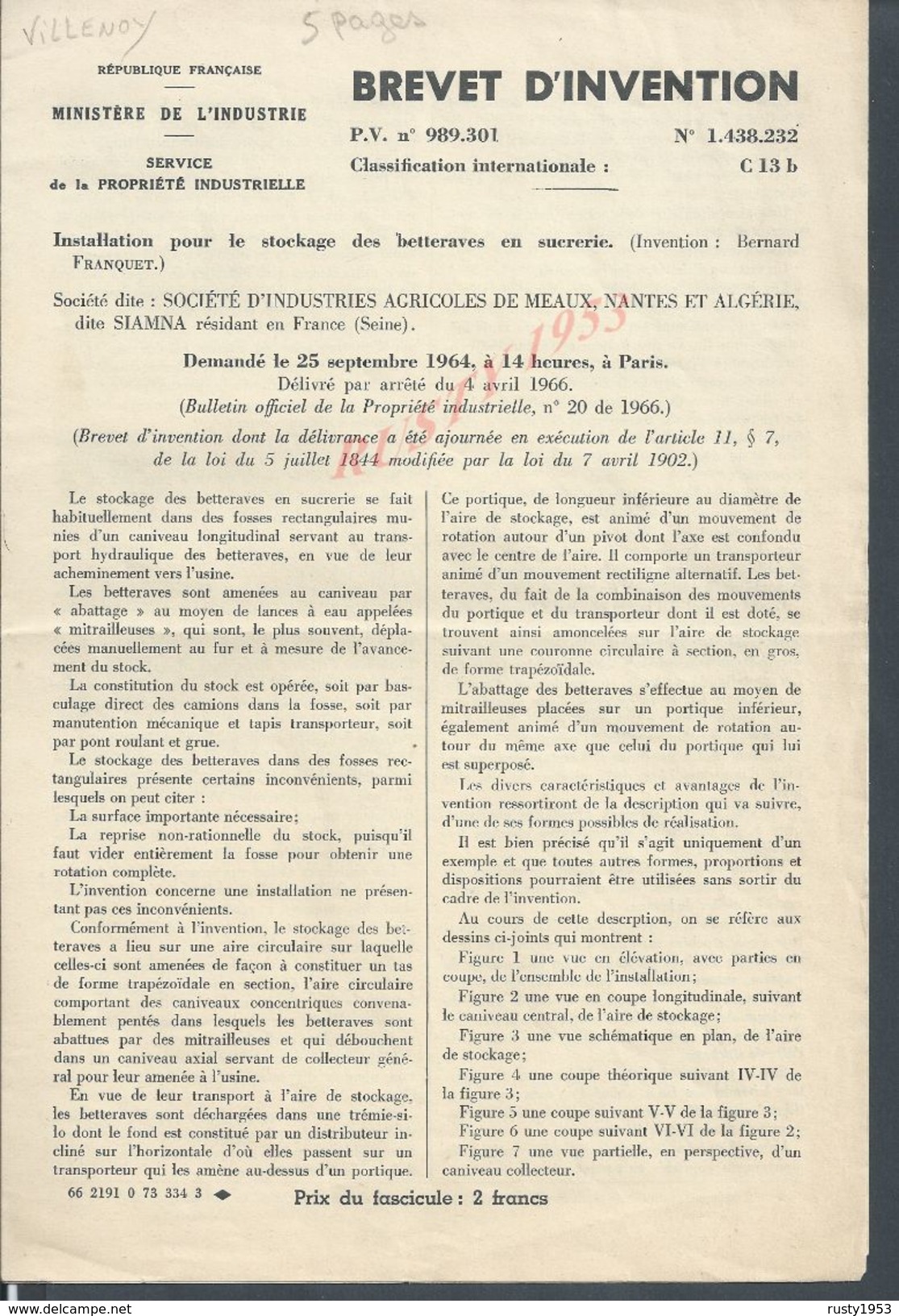 SOCIETE SIAMNA AGRICOLE DE MEAUX NANTES ALGERIE BREVET D INVENTION FRANQUET STOCKAGE DES BETTERAVES EN SUCRERIE VILLENOY - Matériel Et Accessoires