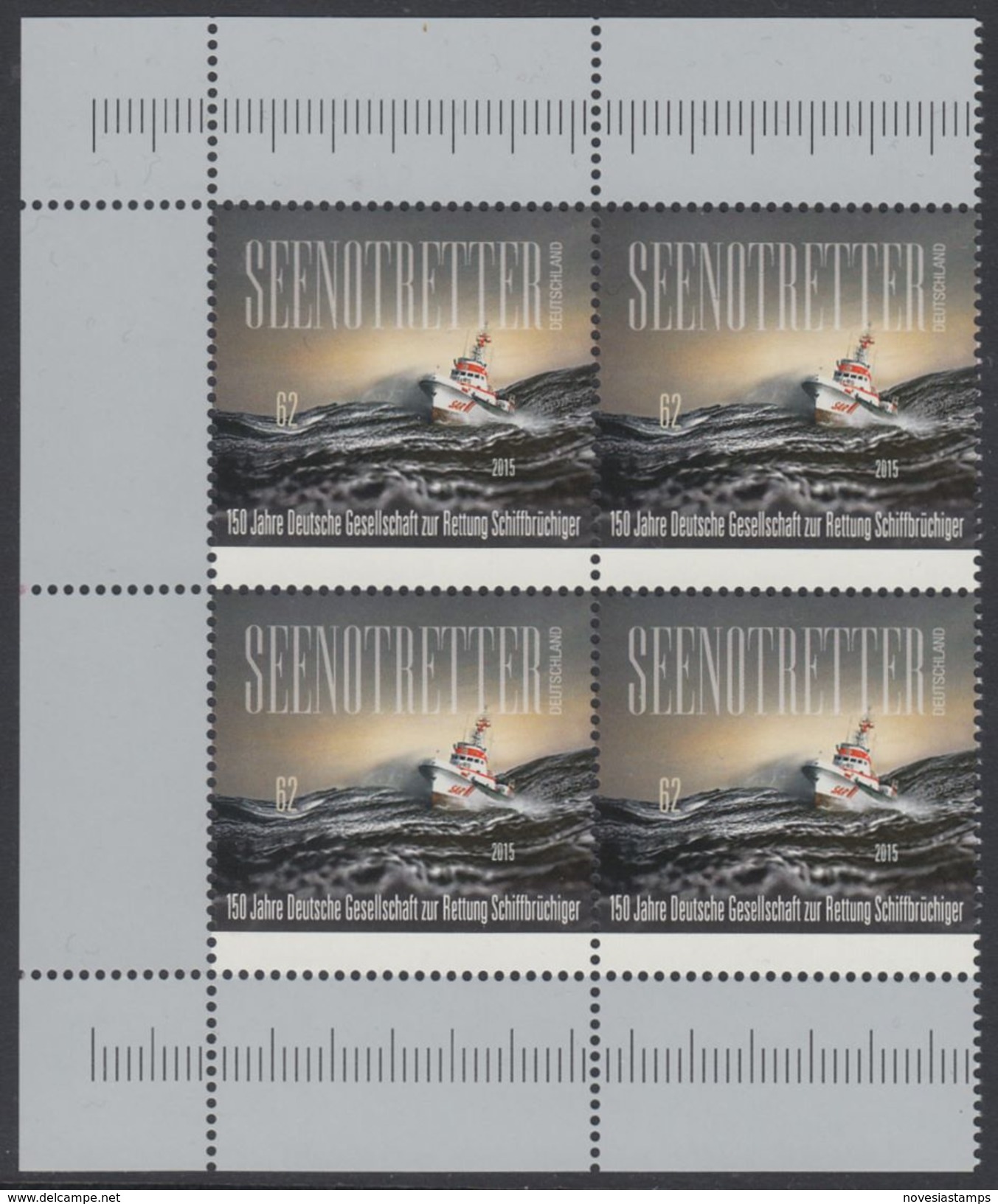 !a! GERMANY 2015 Mi. 3153 MNH BLOCK From Upper & Lower Left Corners -German Sea Rescue Service - Ungebraucht