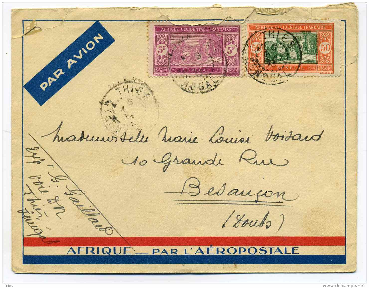 Enveloppe AEROPOSTALE AFRIQUE / Cad De THIES SENEGAL / TP AOF Sénégal / 1933 - Poste Aérienne