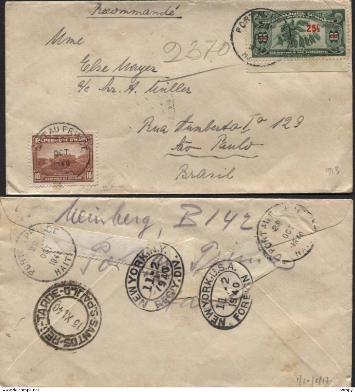 HAITI Registered Cover PORT AU PRINCE To Brasil (!!) 1940 (913) - Haïti