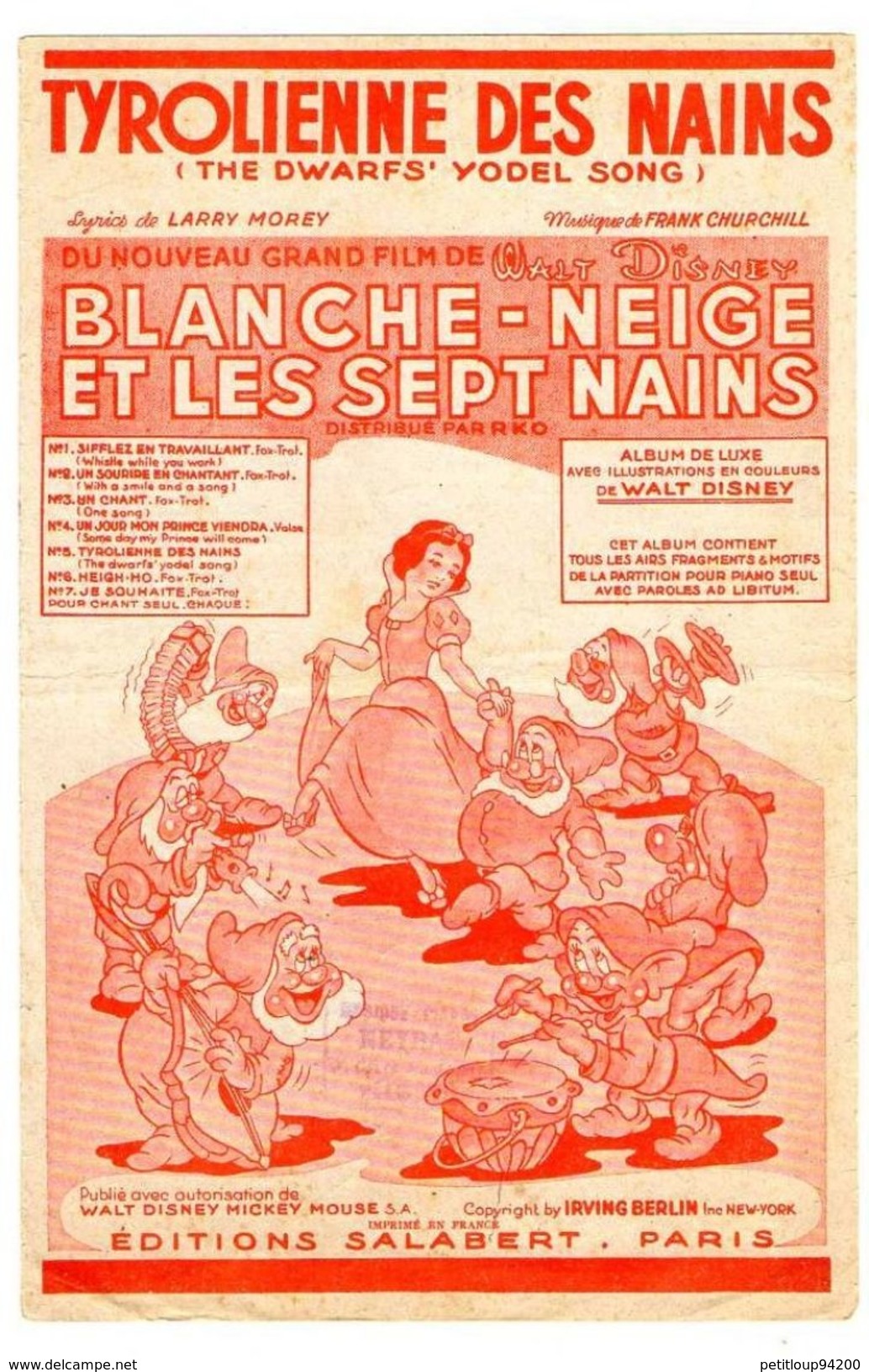 3 PARTITIONS MUSICALES BLANCHE-NEIGE ET LES 7 NAINS  *Tyrolienne Des Mains *Sifflez En Travaillant *Heigh-Ho - Partitions Musicales Anciennes