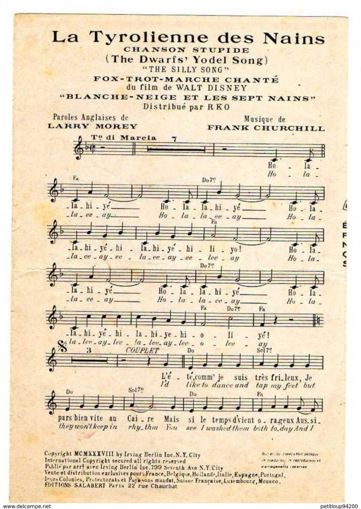 3 PARTITIONS MUSICALES BLANCHE-NEIGE ET LES 7 NAINS  *Tyrolienne Des Mains *Sifflez En Travaillant *Heigh-Ho - Partitions Musicales Anciennes