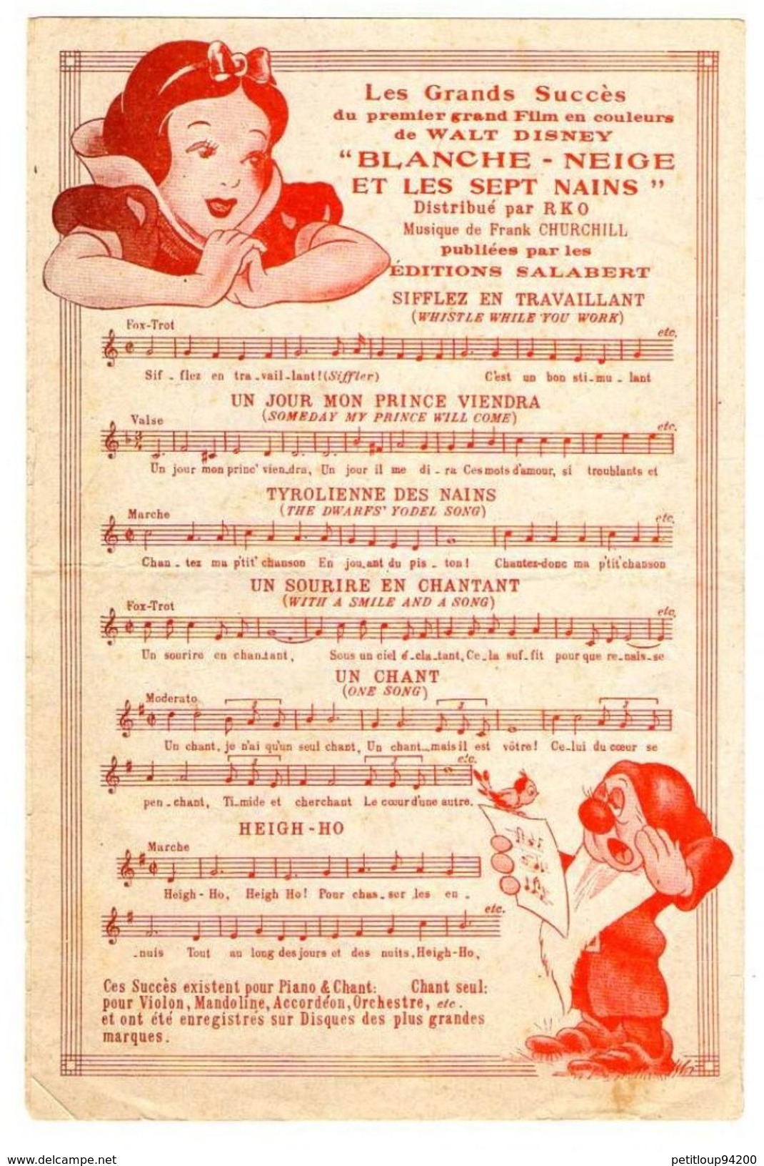 3 PARTITIONS MUSICALES BLANCHE-NEIGE ET LES 7 NAINS  *Tyrolienne Des Mains *Sifflez En Travaillant *Heigh-Ho - Partitions Musicales Anciennes