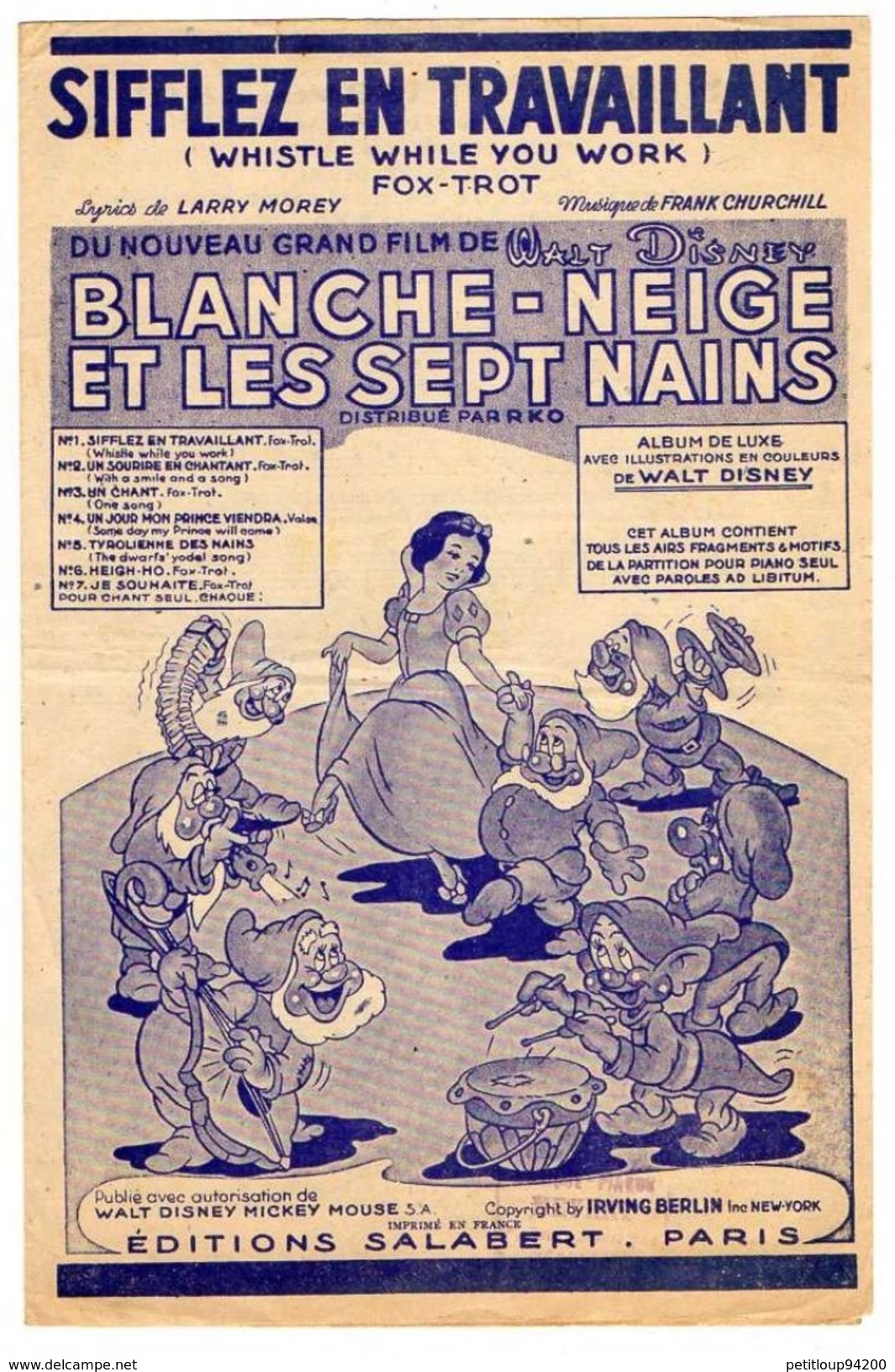 3 PARTITIONS MUSICALES BLANCHE-NEIGE ET LES 7 NAINS  *Tyrolienne Des Mains *Sifflez En Travaillant *Heigh-Ho - Partitions Musicales Anciennes